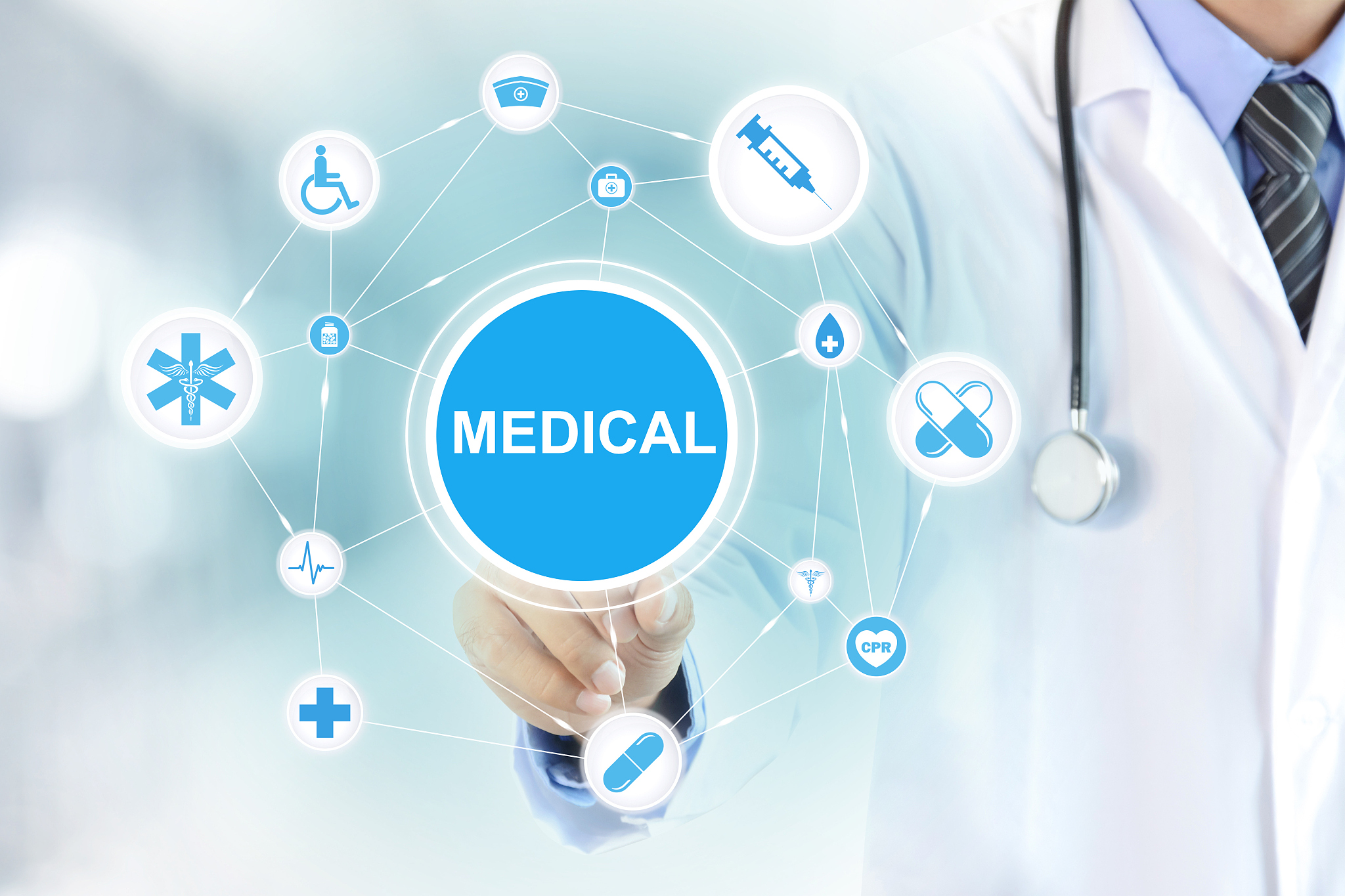 doctor hand touching medical sign on virtual screen