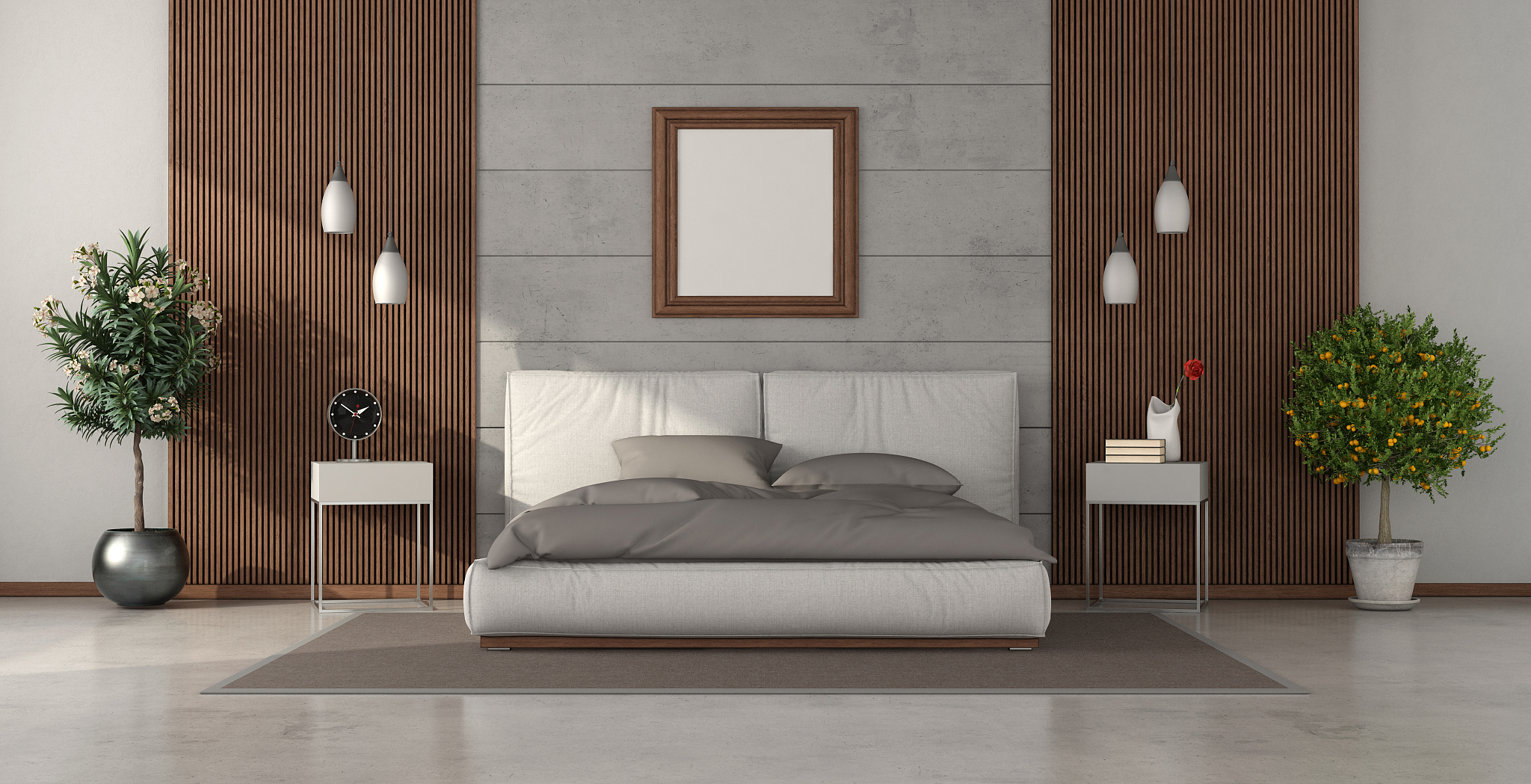 modern bedroom with double bed against concrete wall