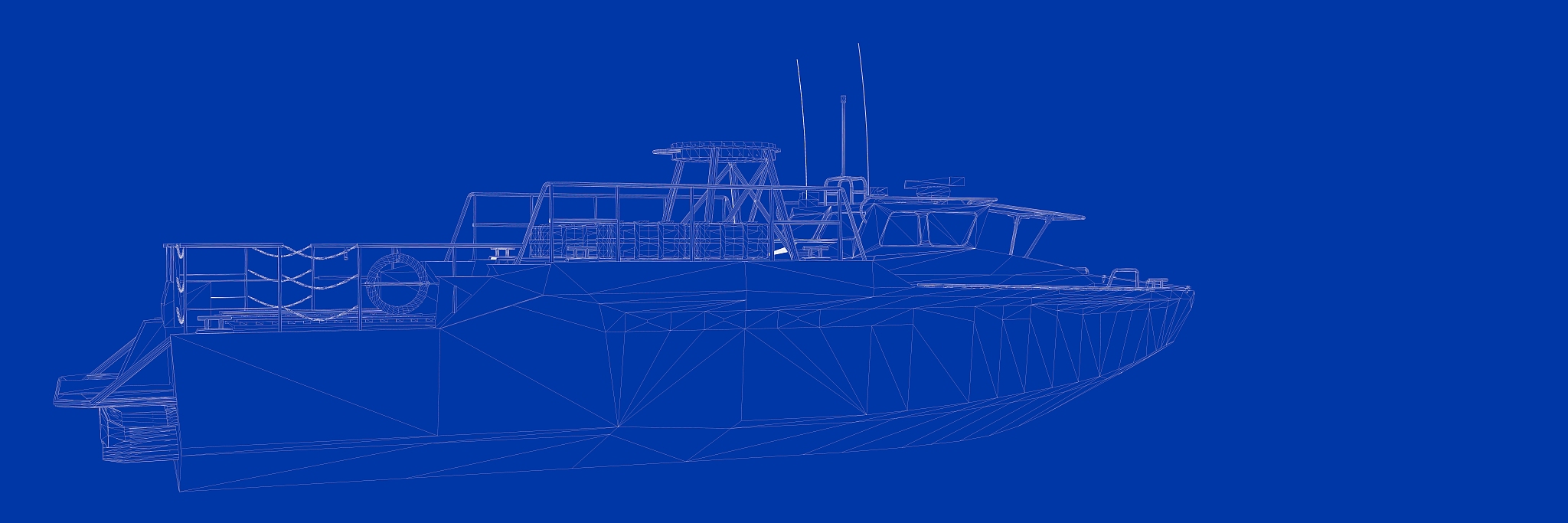 3d rendering of a ship on a blue background blueprint