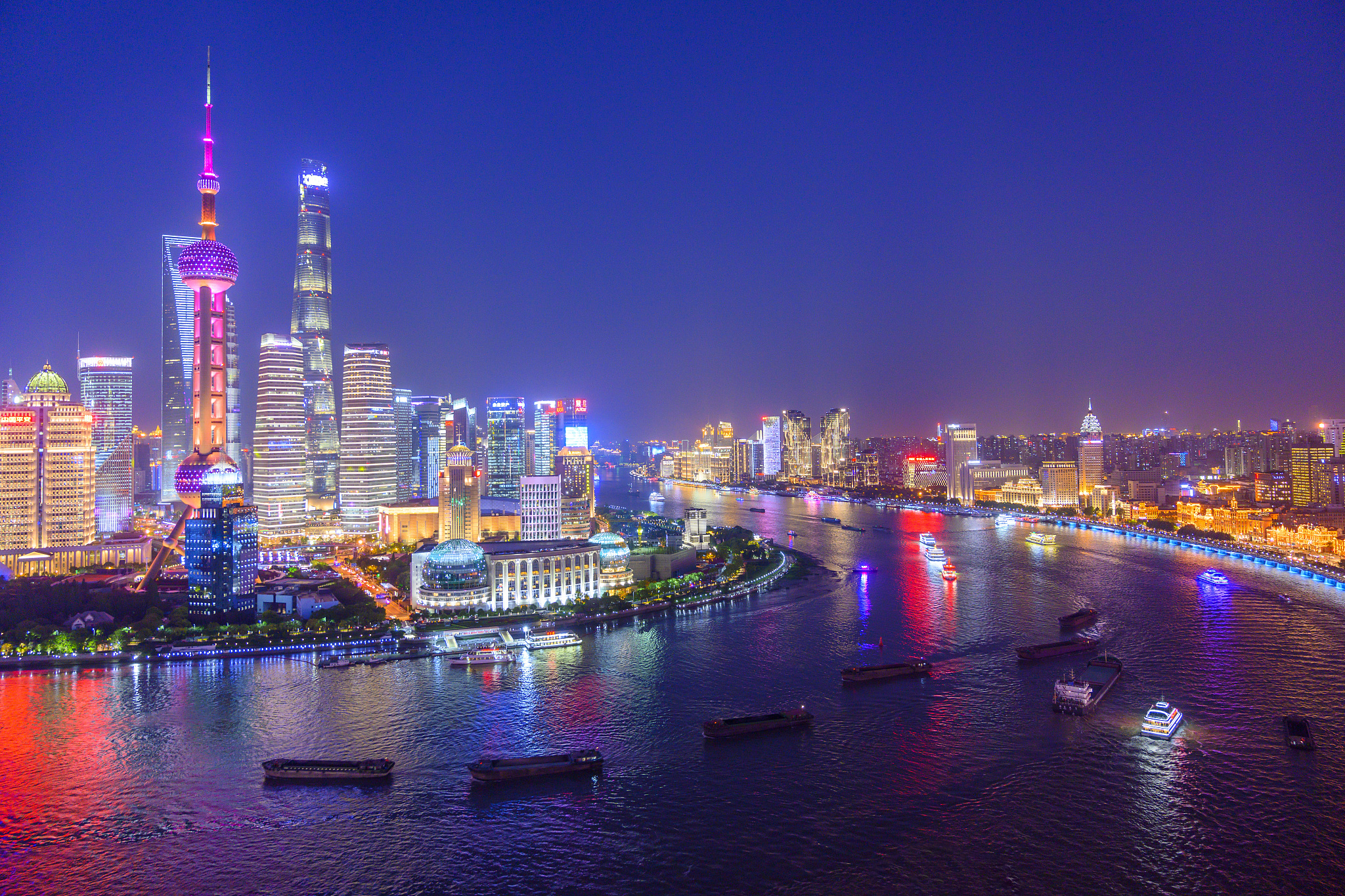 aerial skyline view of shanghai at dusk