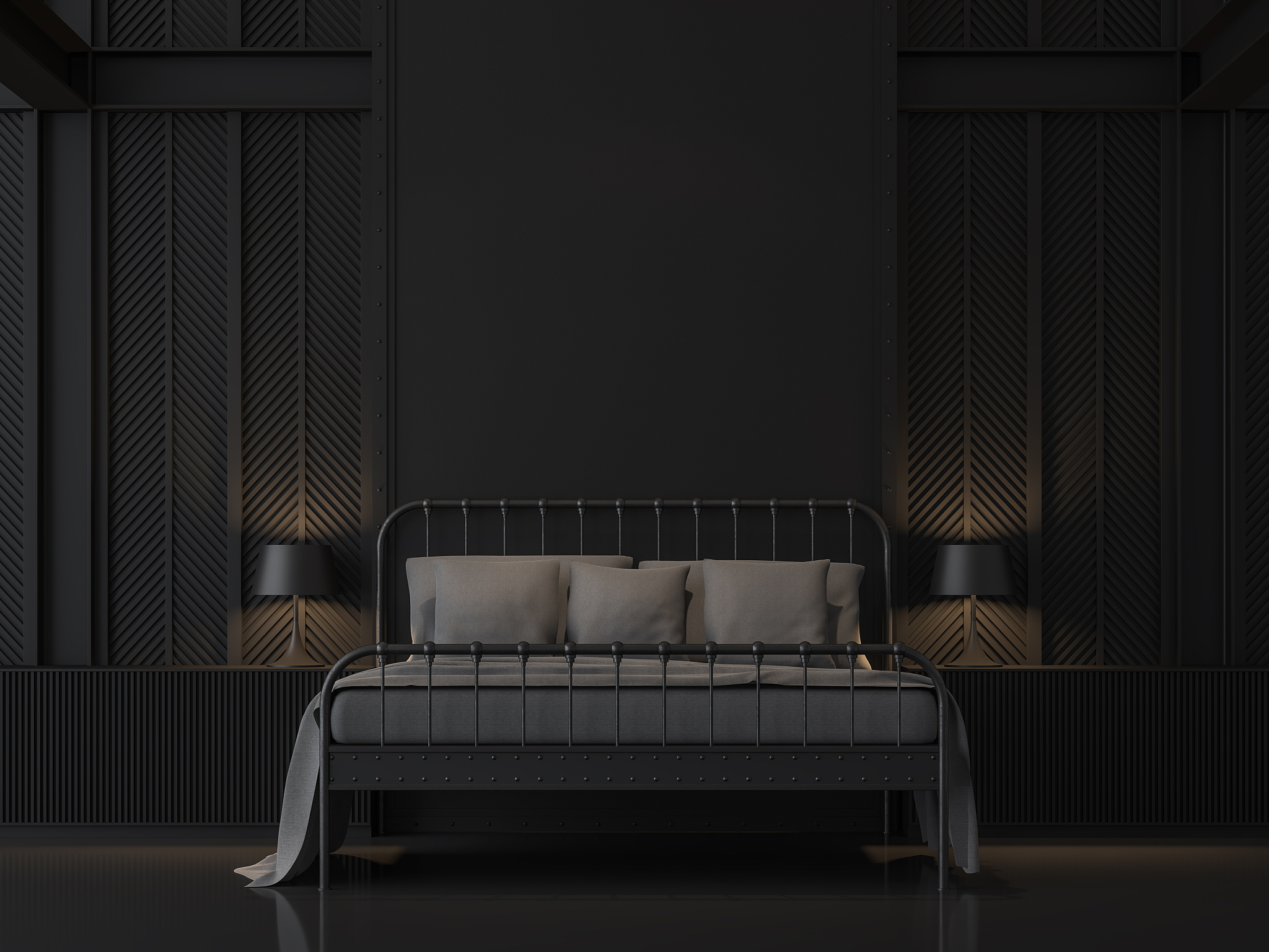 black bedroom with industrial loft style 3d render