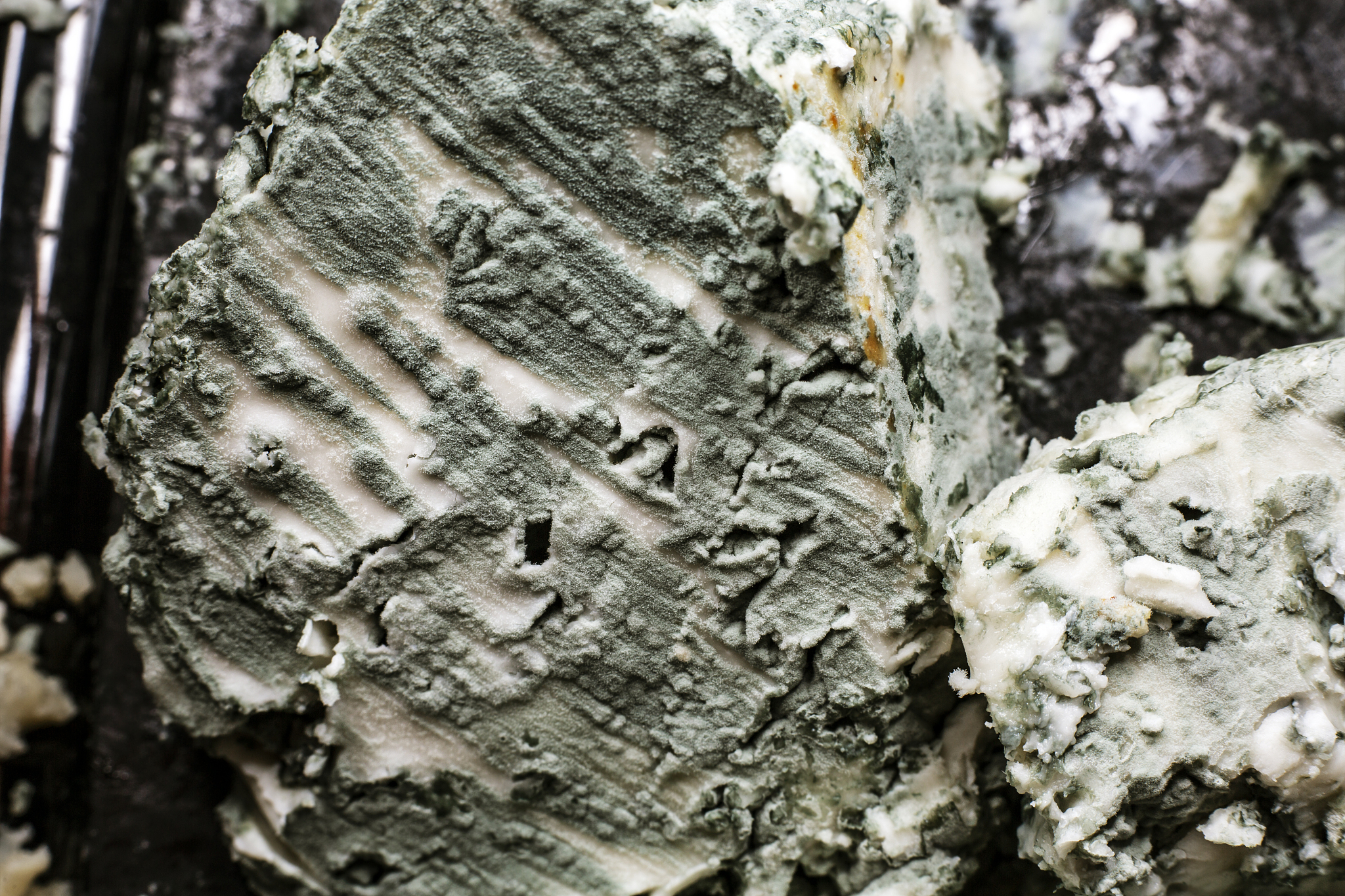 close-up of soft blue cheese , macro shot