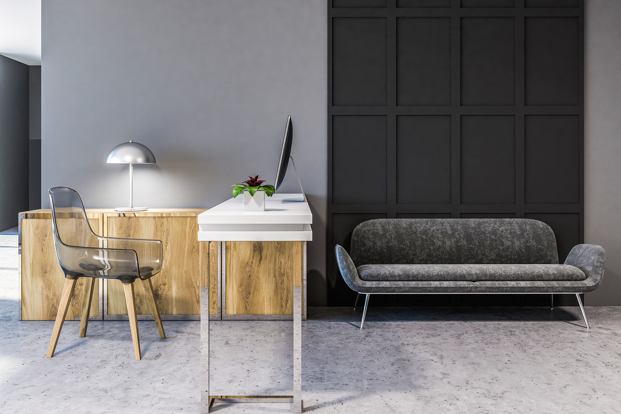 gray sofa in minimalist home office interior
