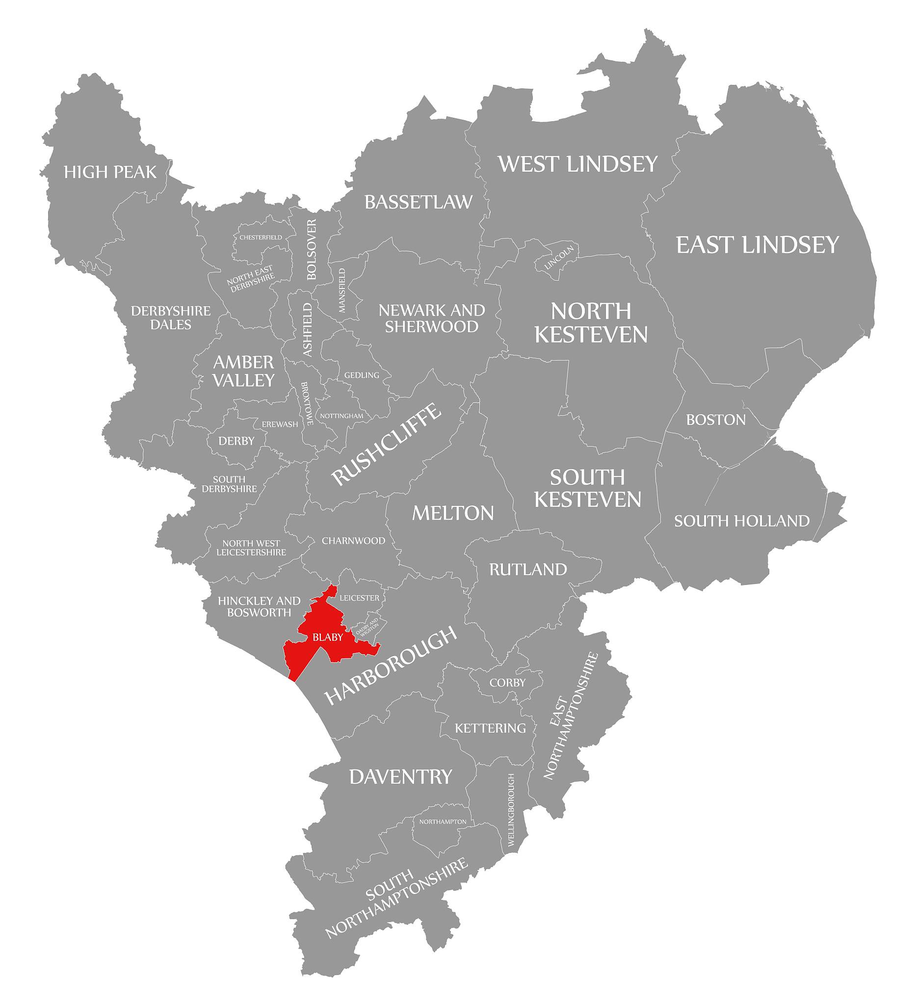 blaby red highlighted in map of east midlands england uk