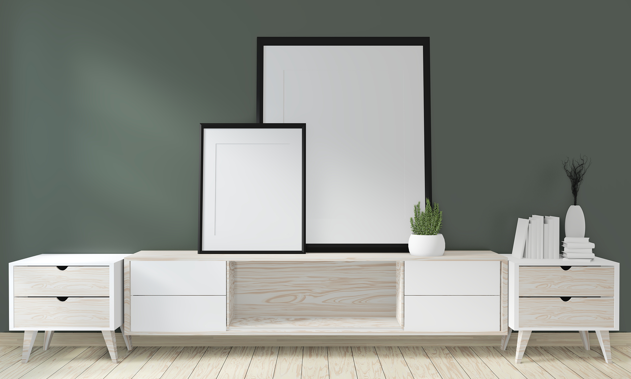 mock up poster cabinet wooden on green room living japanese desi