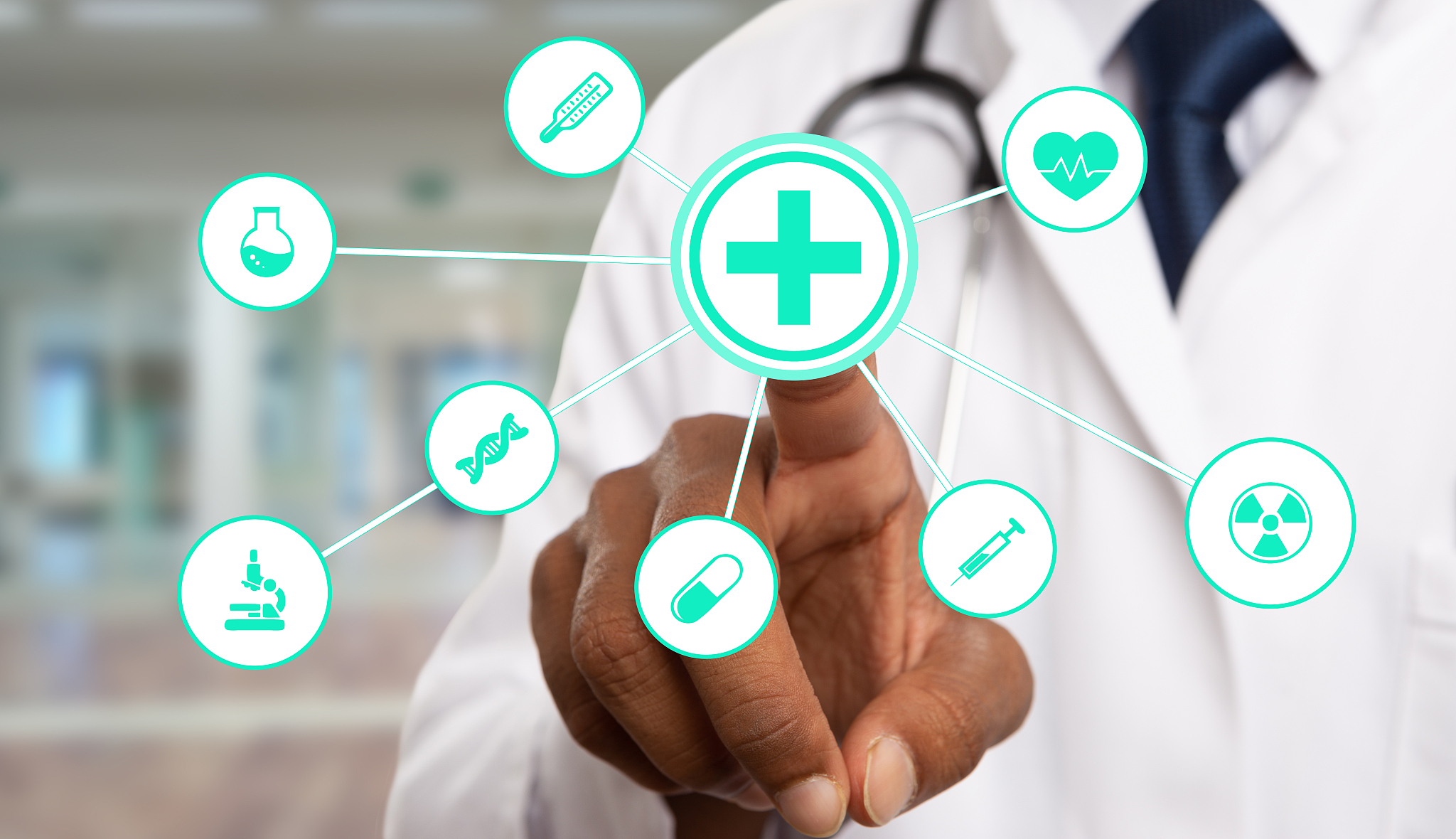 closeup of doctor pressing medical cross on screen
