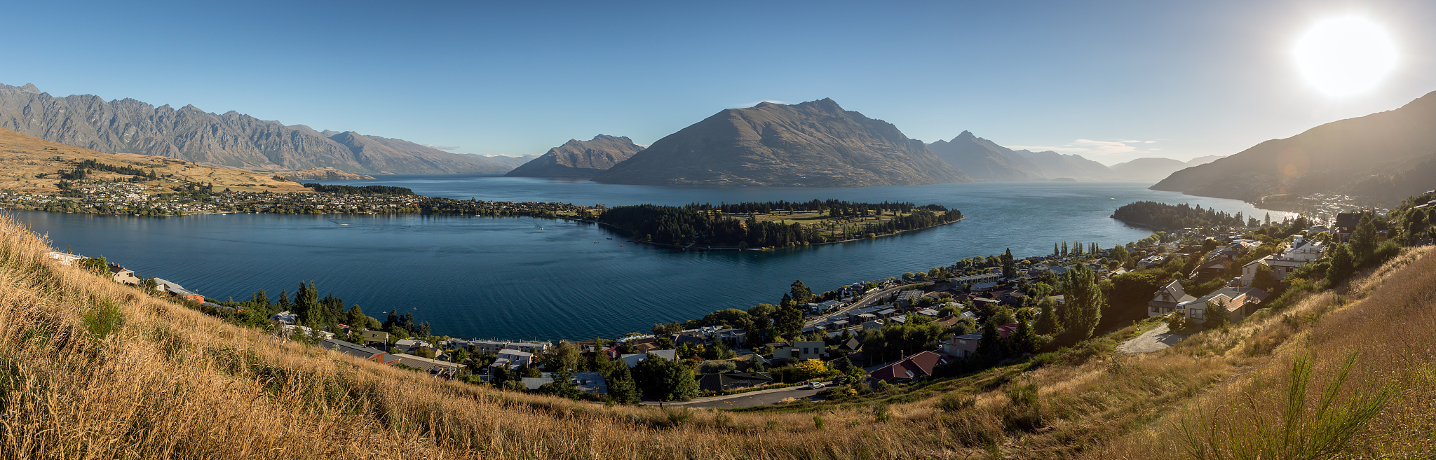 panoramic picture of queenstown and lake wakatipu, new zealand