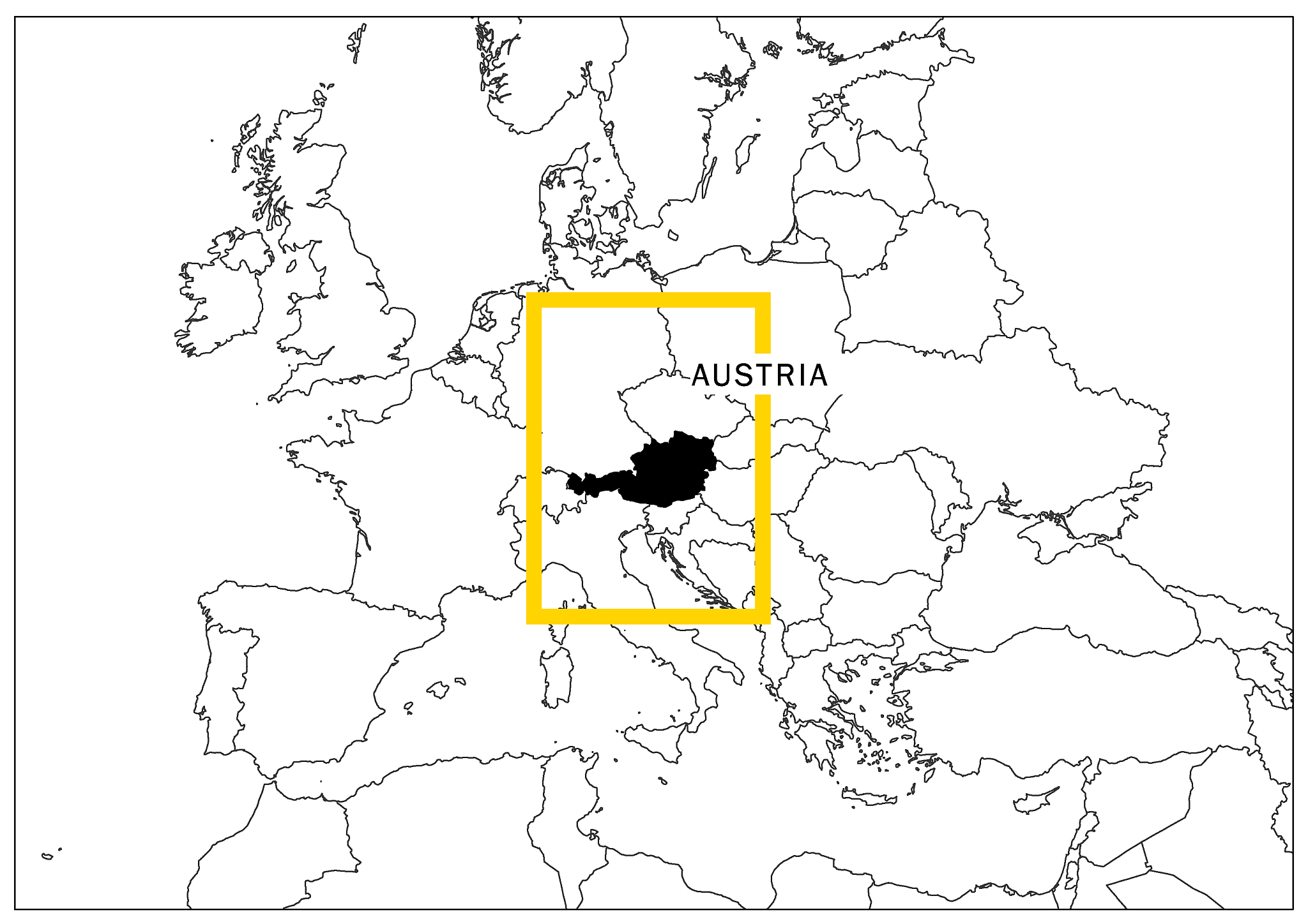 austria map with yellow frame and name country
