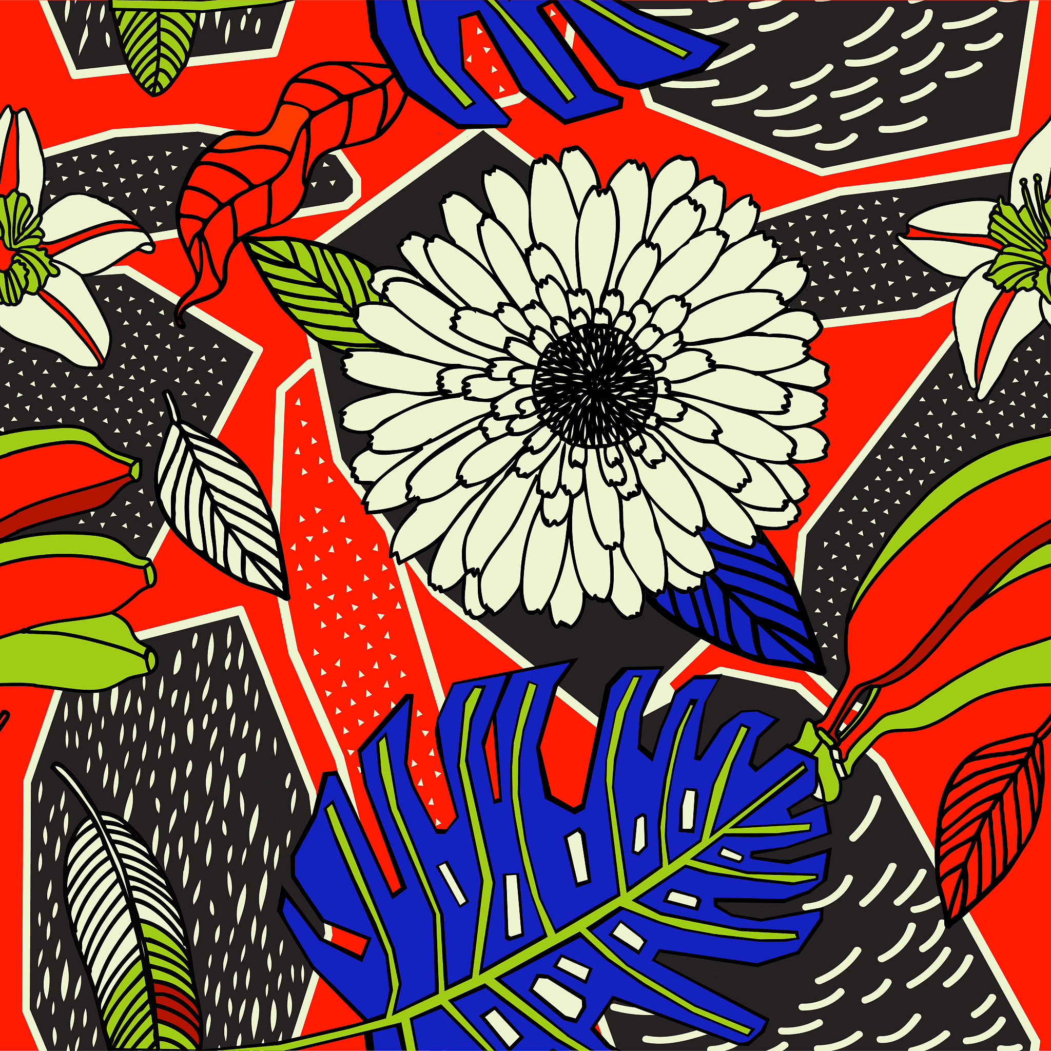 我是一名艺术生我需要完成一副作品。1以植物为素材自由组合形成一副抽象色彩构成作品。2抽象表达使用色相对比色中的对比色进行创作表现手法独特。请根据以上两点要求为我提供详细作画思路和构图思路。