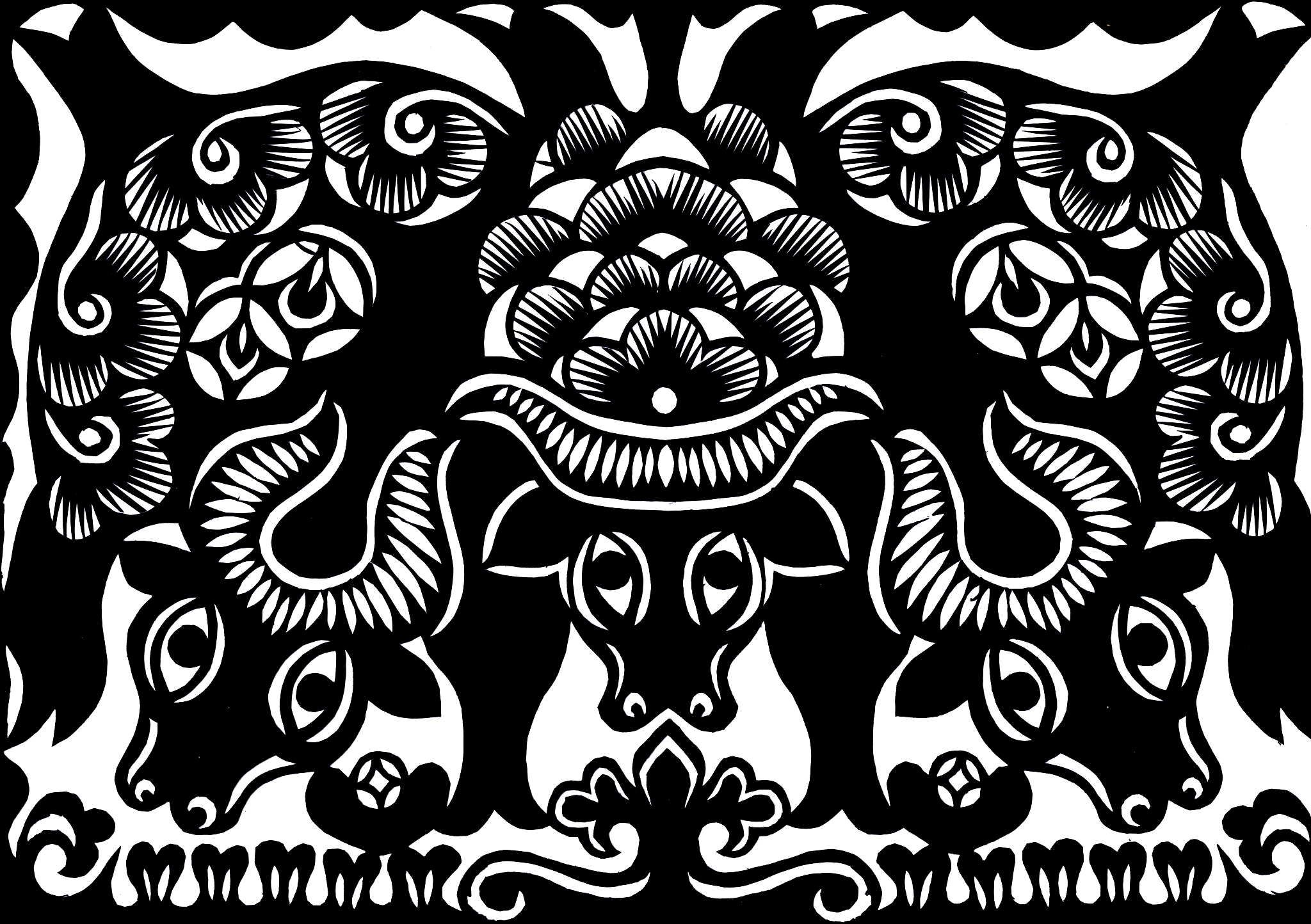 补充扩写：剪纸的纹饰多种多样常见的有月牙纹、锯齿纹、云纹、圆形纹等。这些纹饰可以单独使用也可以组合使用形成不同的图案。组合方式中常见的便有二方连续。让我们一起看看什么是纹饰的二方连续规律。 纹饰的二方连续规律又包括以下几种有水平式、上下式、单向式、双向式、间隔式