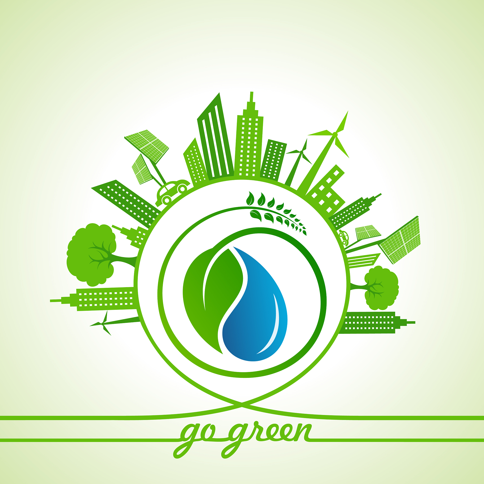 eco energy concept with leafcityscape and water