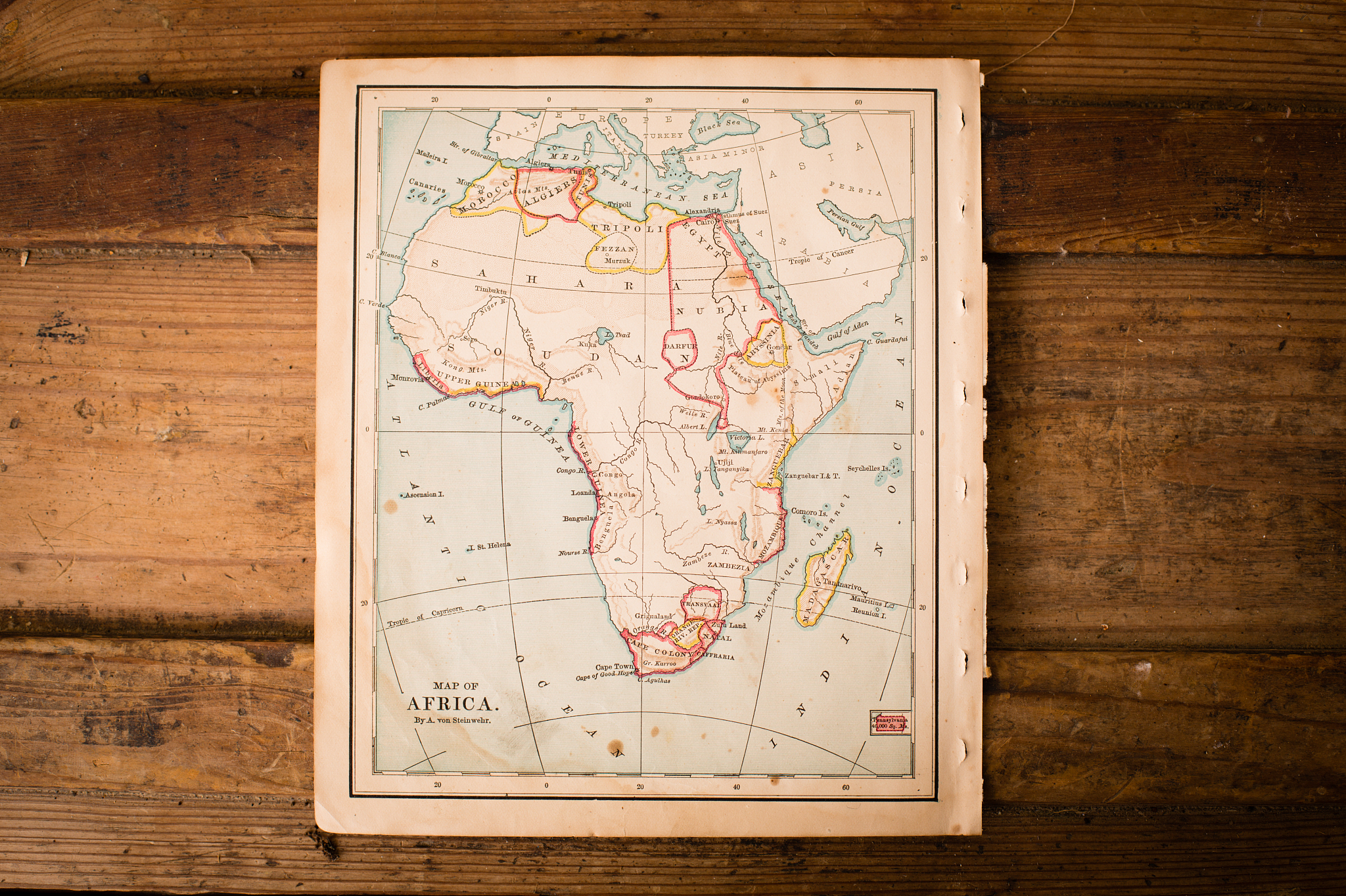 old color map of africa, from 1800's, on wood background