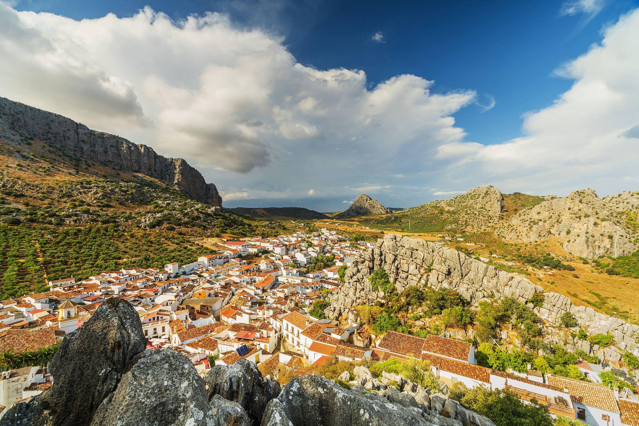 white town of montejaque by mountains in serrania de ronda, spai