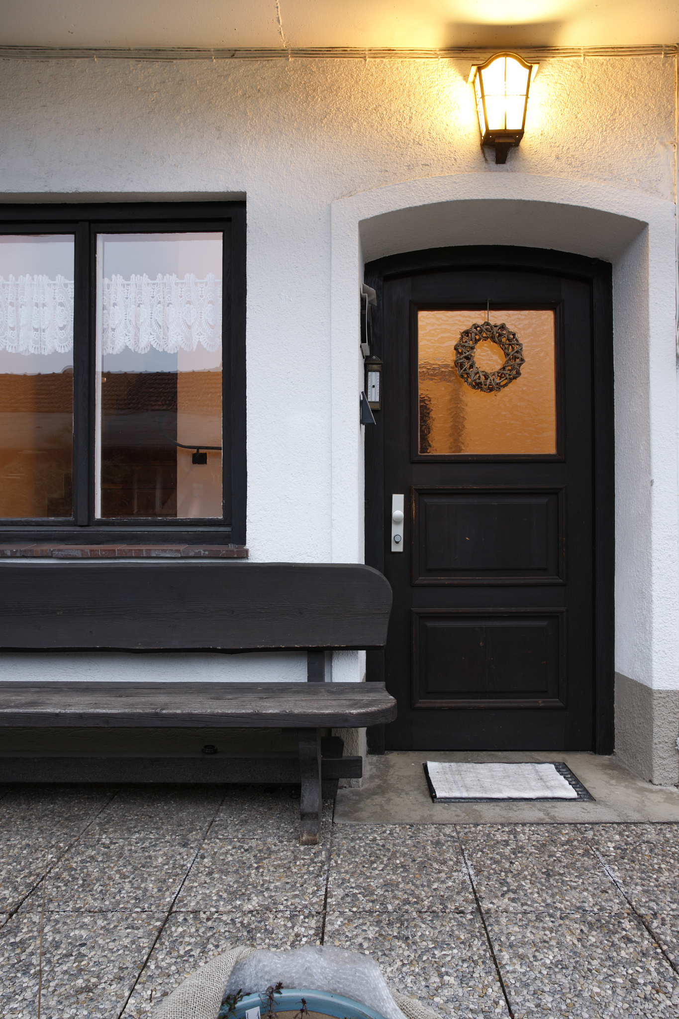 brown front door one third glass window, opened