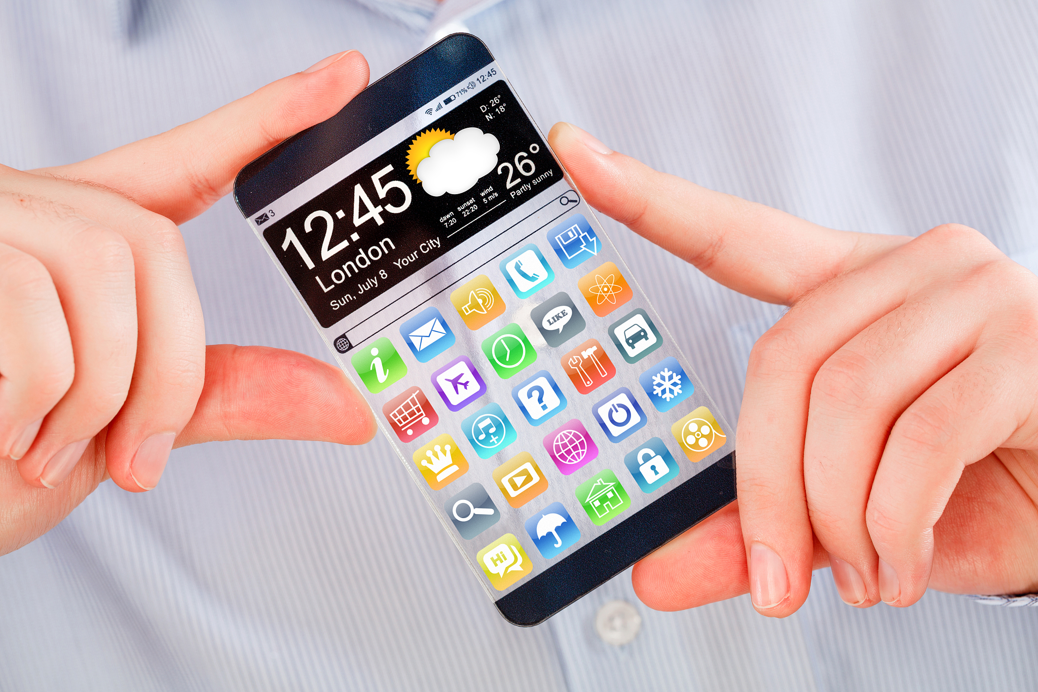 smartphone with transparent screen in human hands.