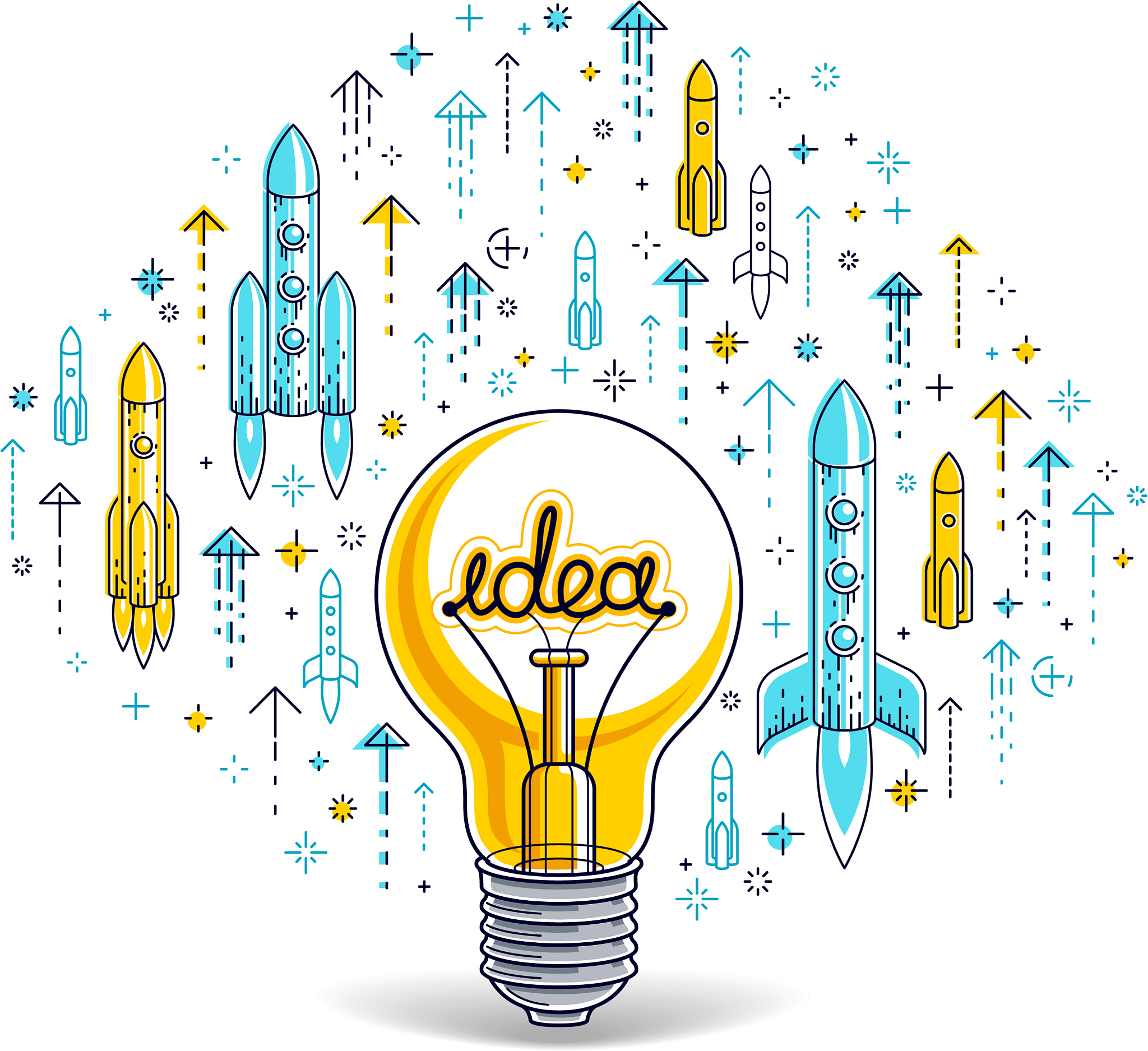 shining light bulb and set of launching rockets