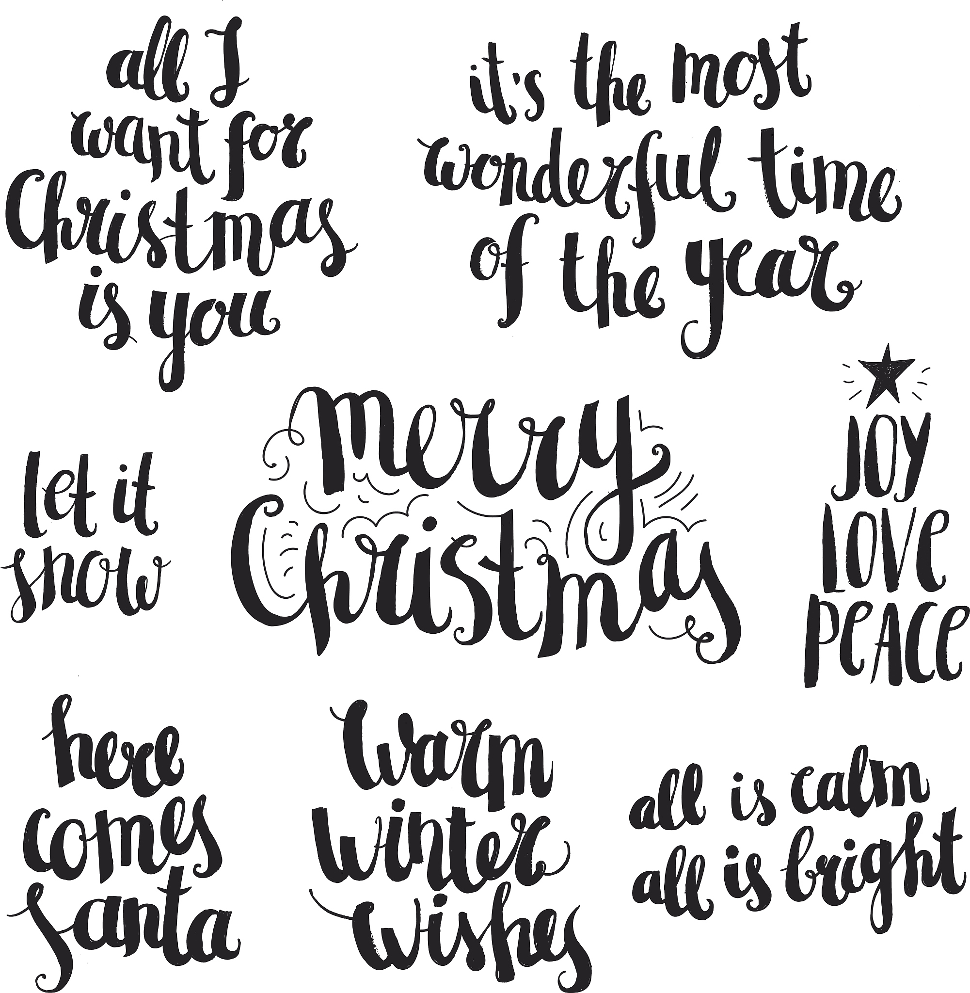 vector set of ink hand drawn christmas and winter lettering