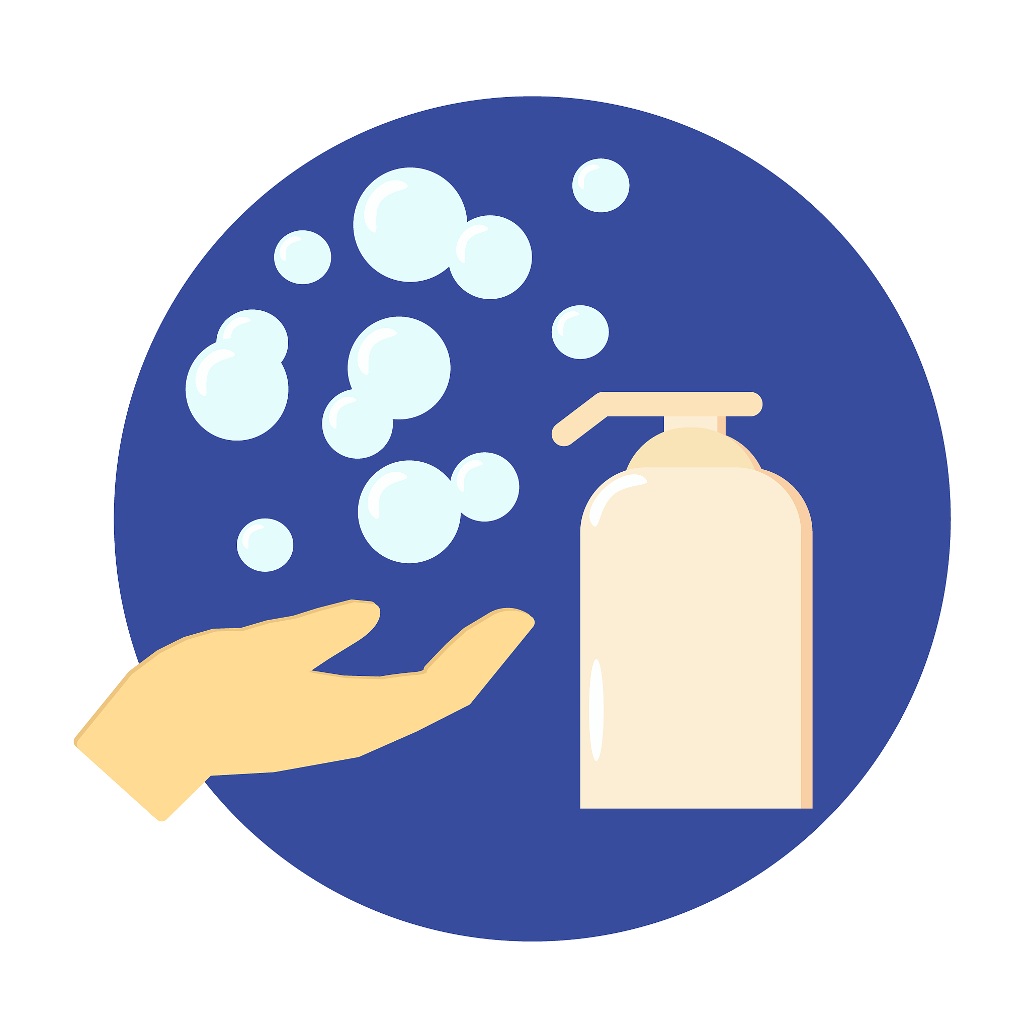 liquid soap, bubbles and lettering wash your hands hand drawn in