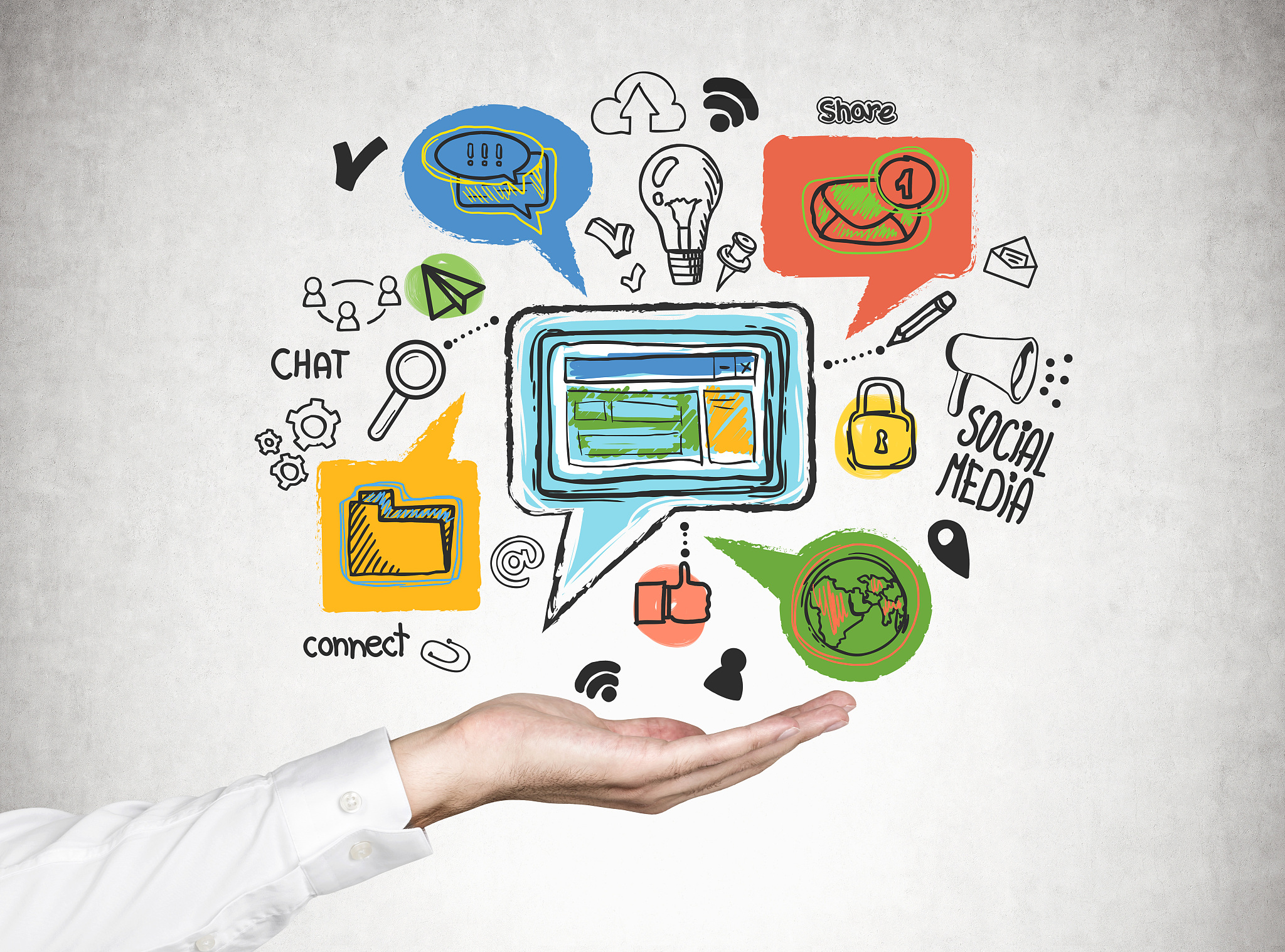 man hand holding social media icons