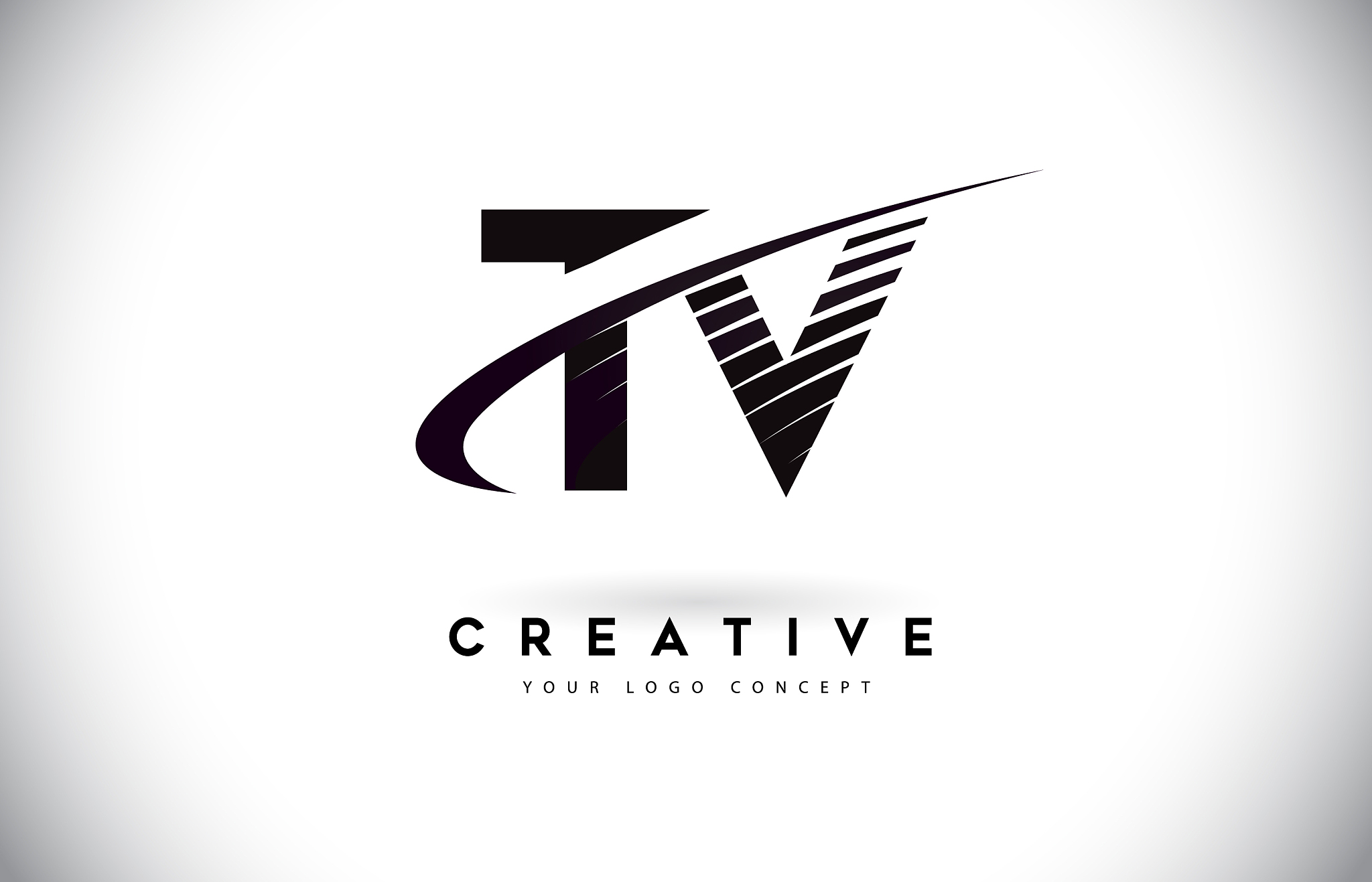 tv t v letter logo design with swoosh and black