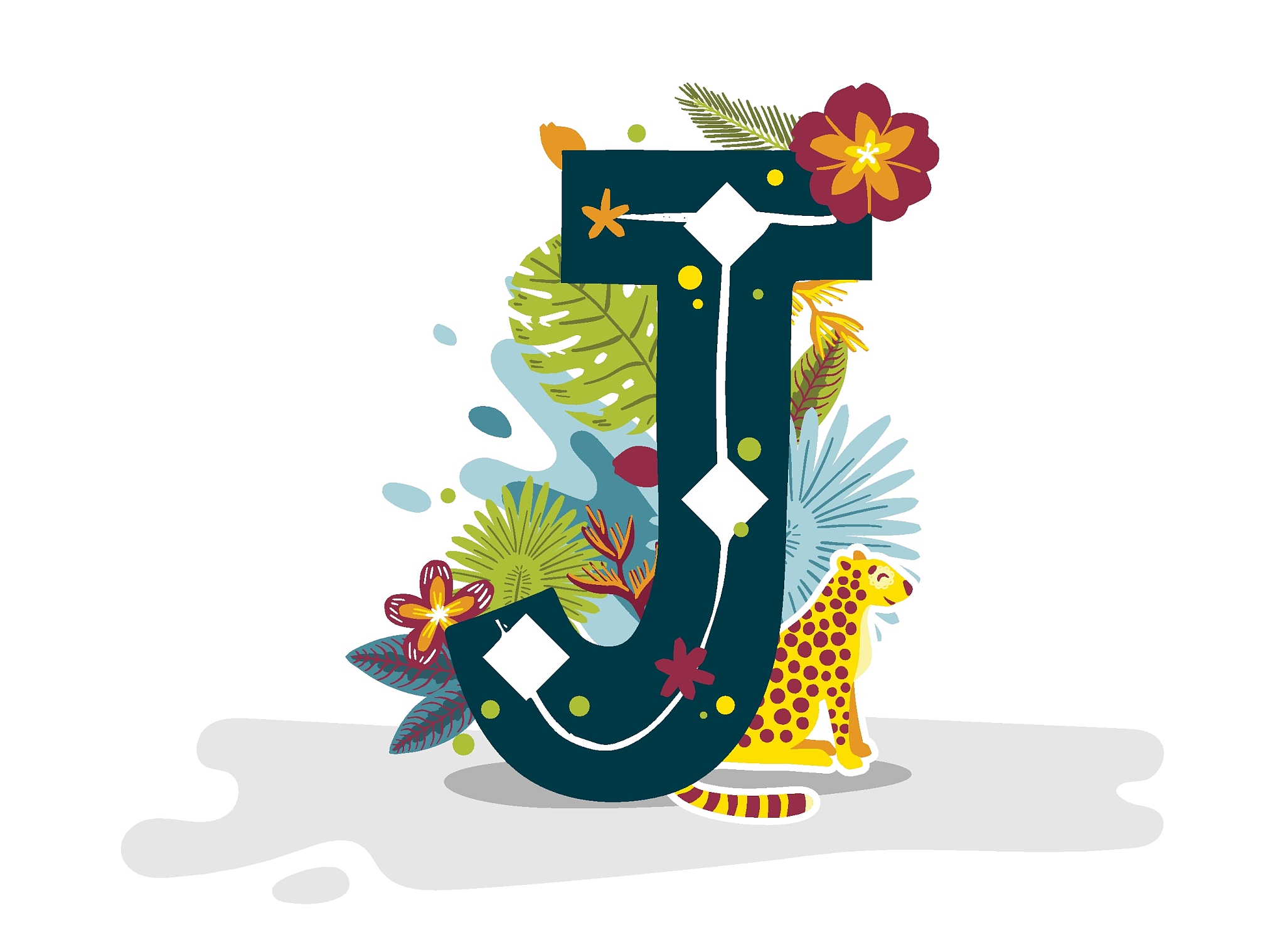 tropical exotic letter j, animals, flowers. cute cartoon flat st