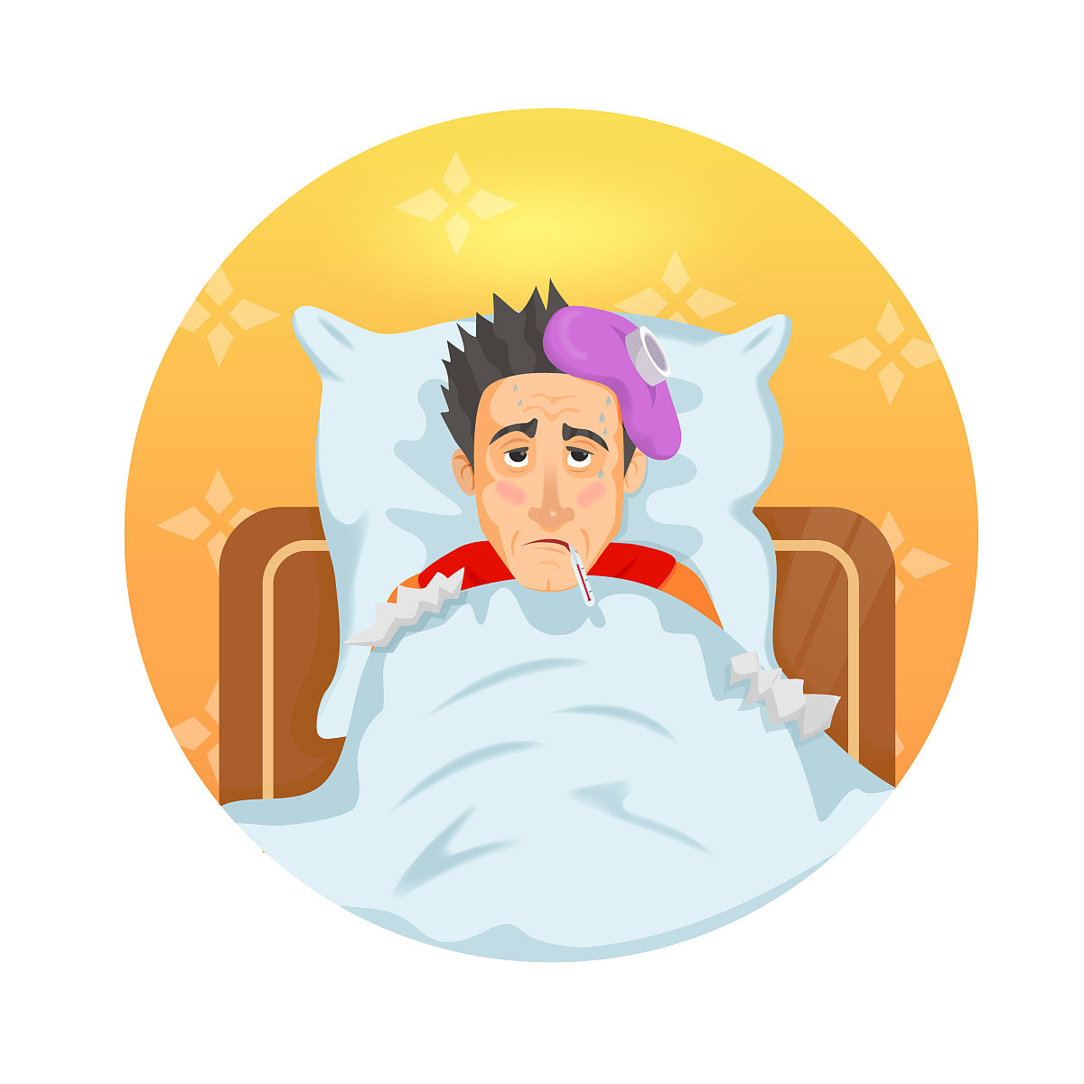 一个发烧的病人躺在床上