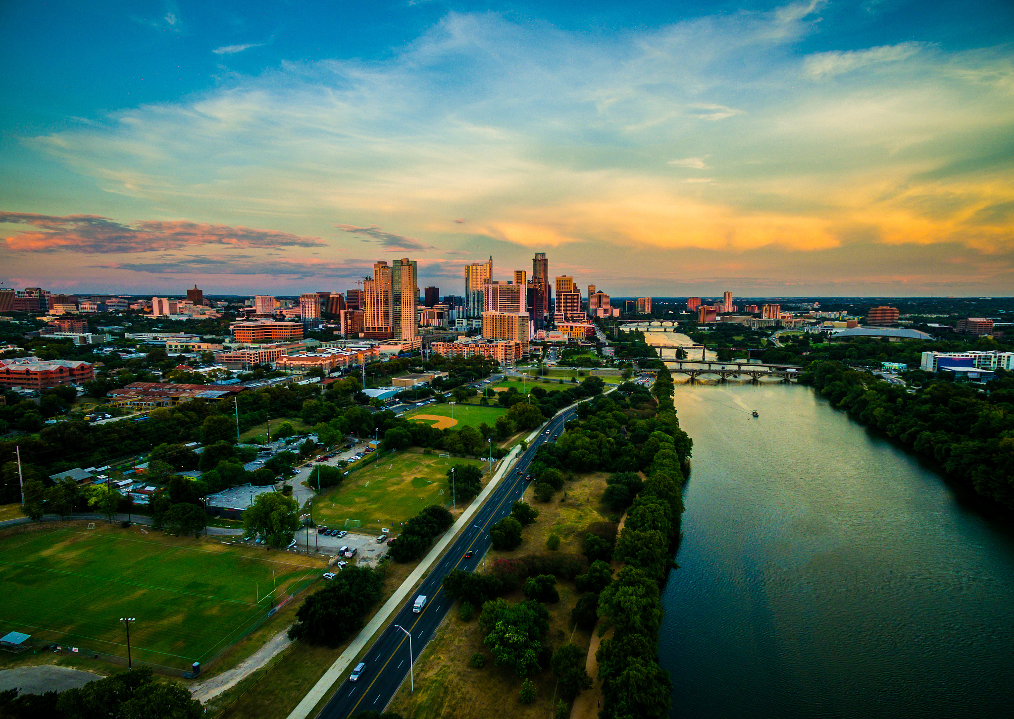golden hour sunset aerial drone view over austin texas