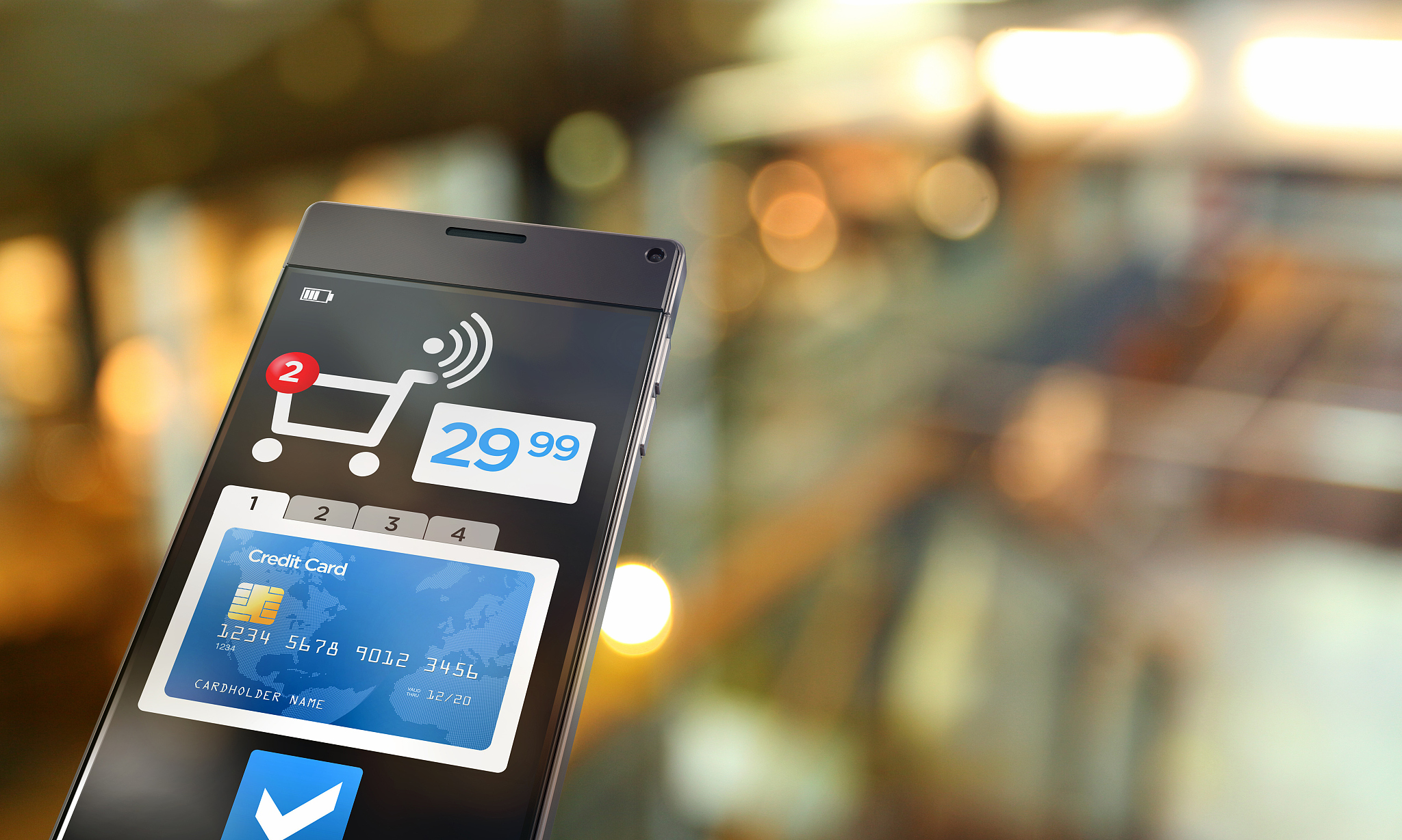 mobile payment: smartphone with shopping cart in shopping mall