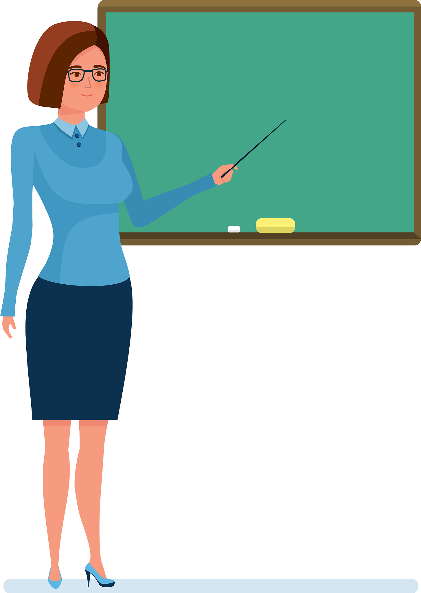 girl teacher with school pointer in hand next to