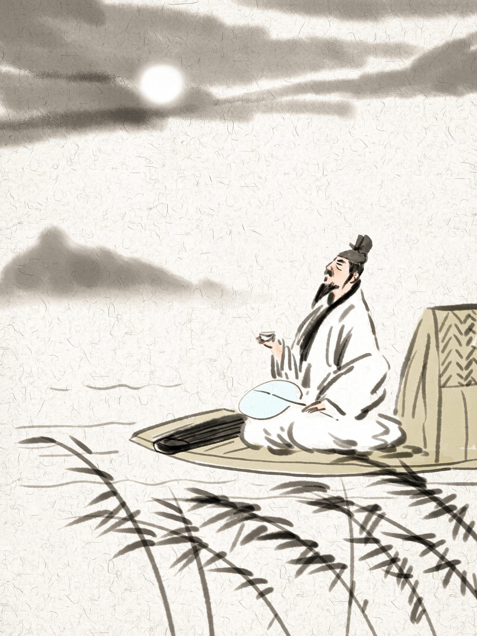 高士泛舟赏月高山流水古风水墨插画