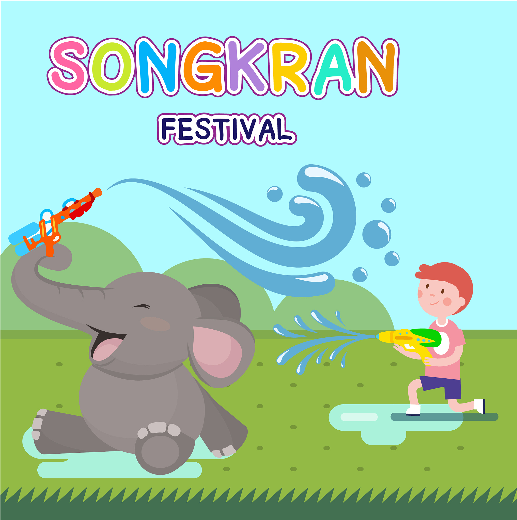 A vivid scene depicting a group of elephants bathing and playing with water