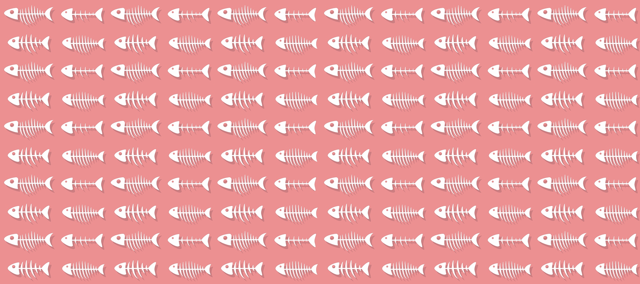 cat pattern of fish skeletons. white fish bones on a pink backgr