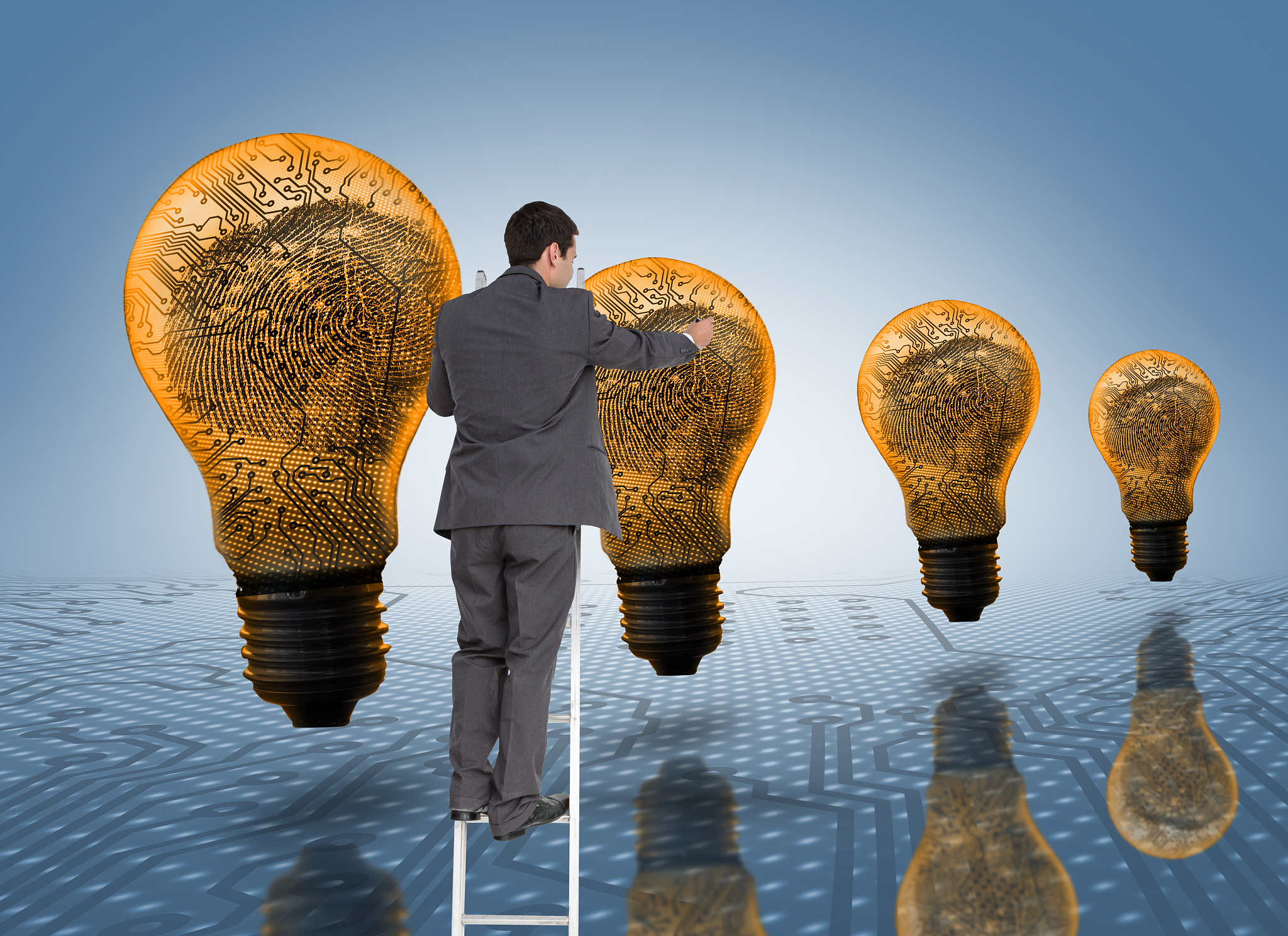 composite image of businessman standing on ladder