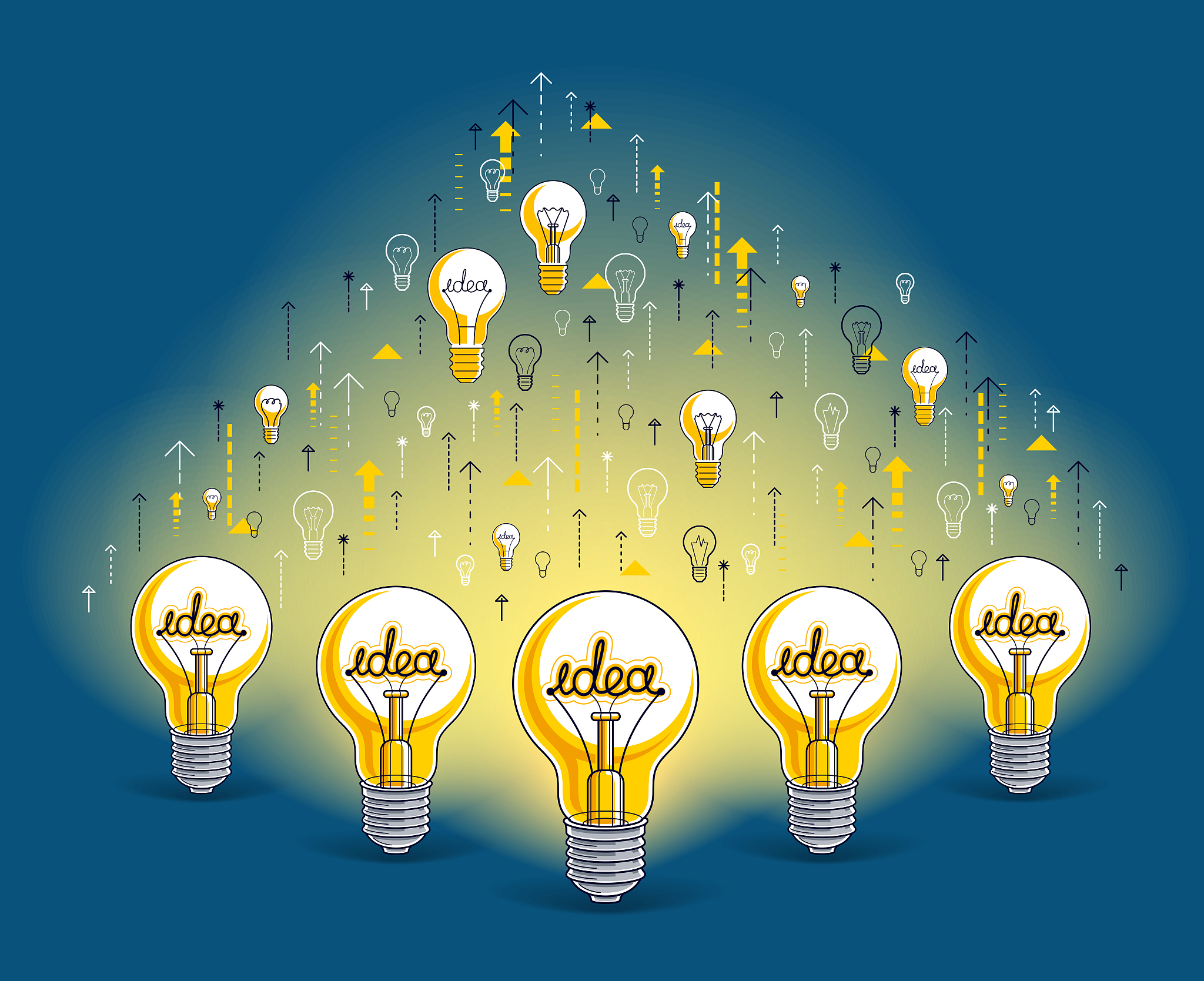 group of shining light bulbs represents idea of creative people 