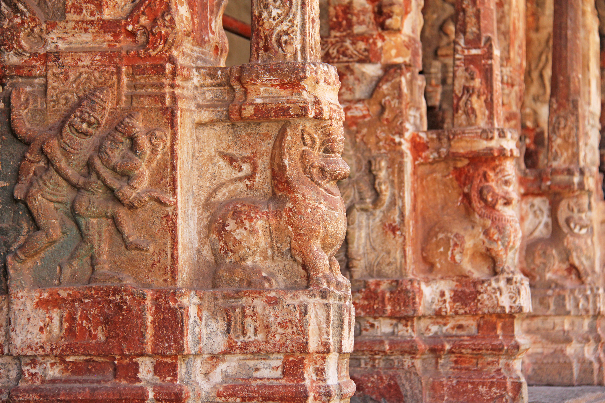 stone bas-reliefs on the column in shiva virupaksha temple, hamp