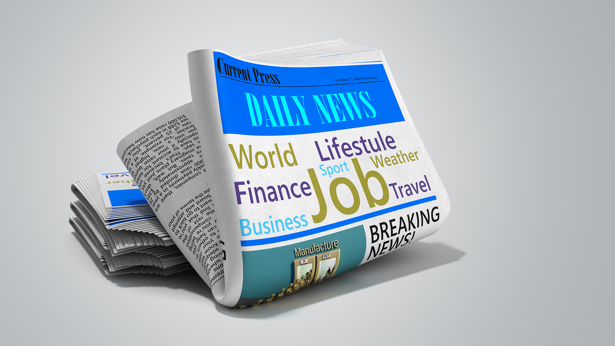 newspaper in stack 3d render on grey