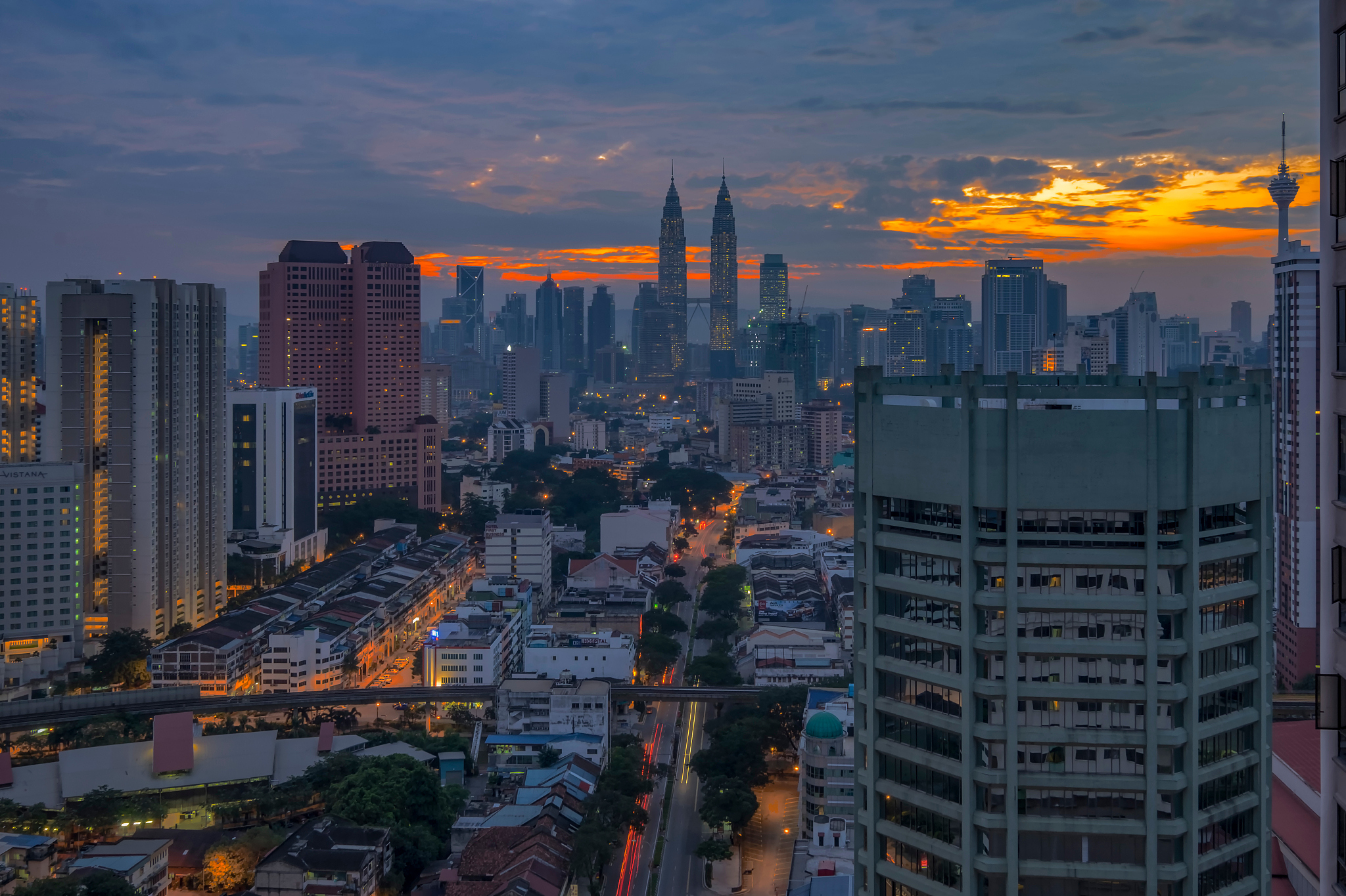 aerial view of city at sunset