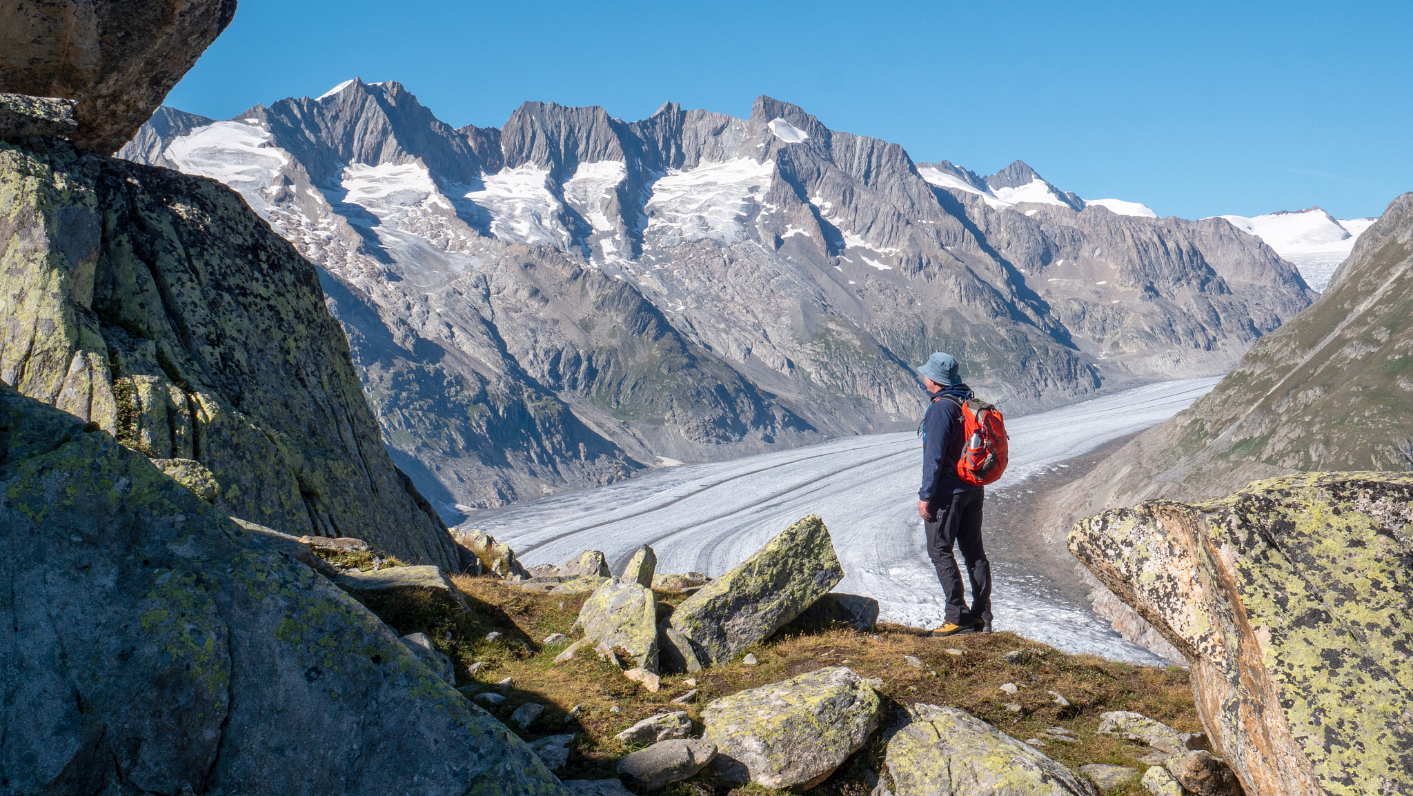 a lone hiker looks out over a glacier.