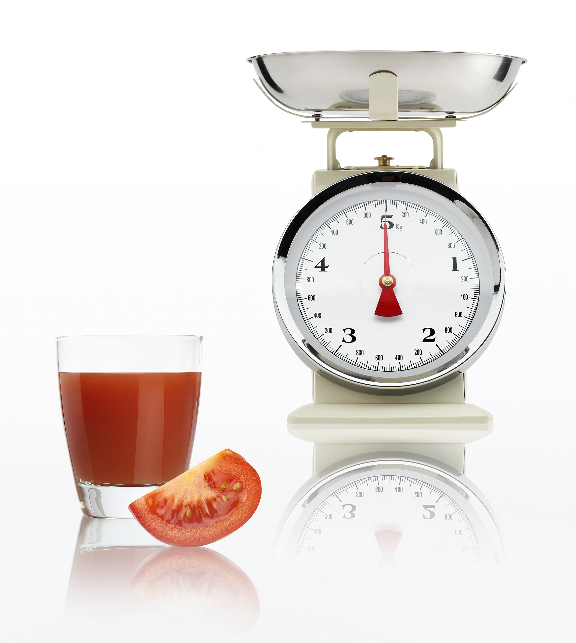 food scale with tomato juice glass isolated on white background,