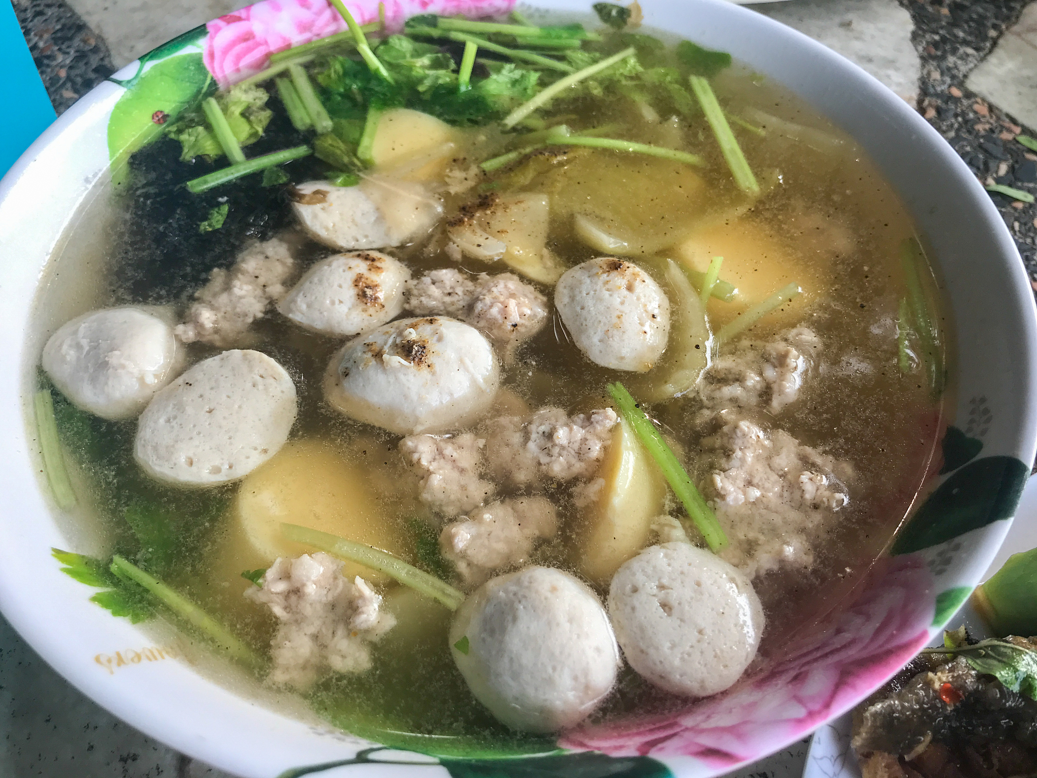 soup with pork and meatball , thai style food