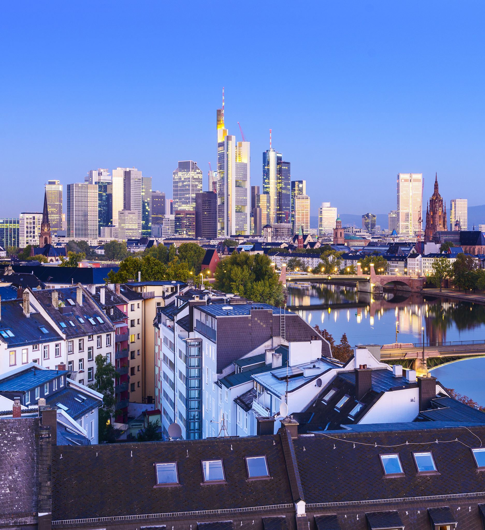 frankfurt city centre skyline and the main river at twilight, ge