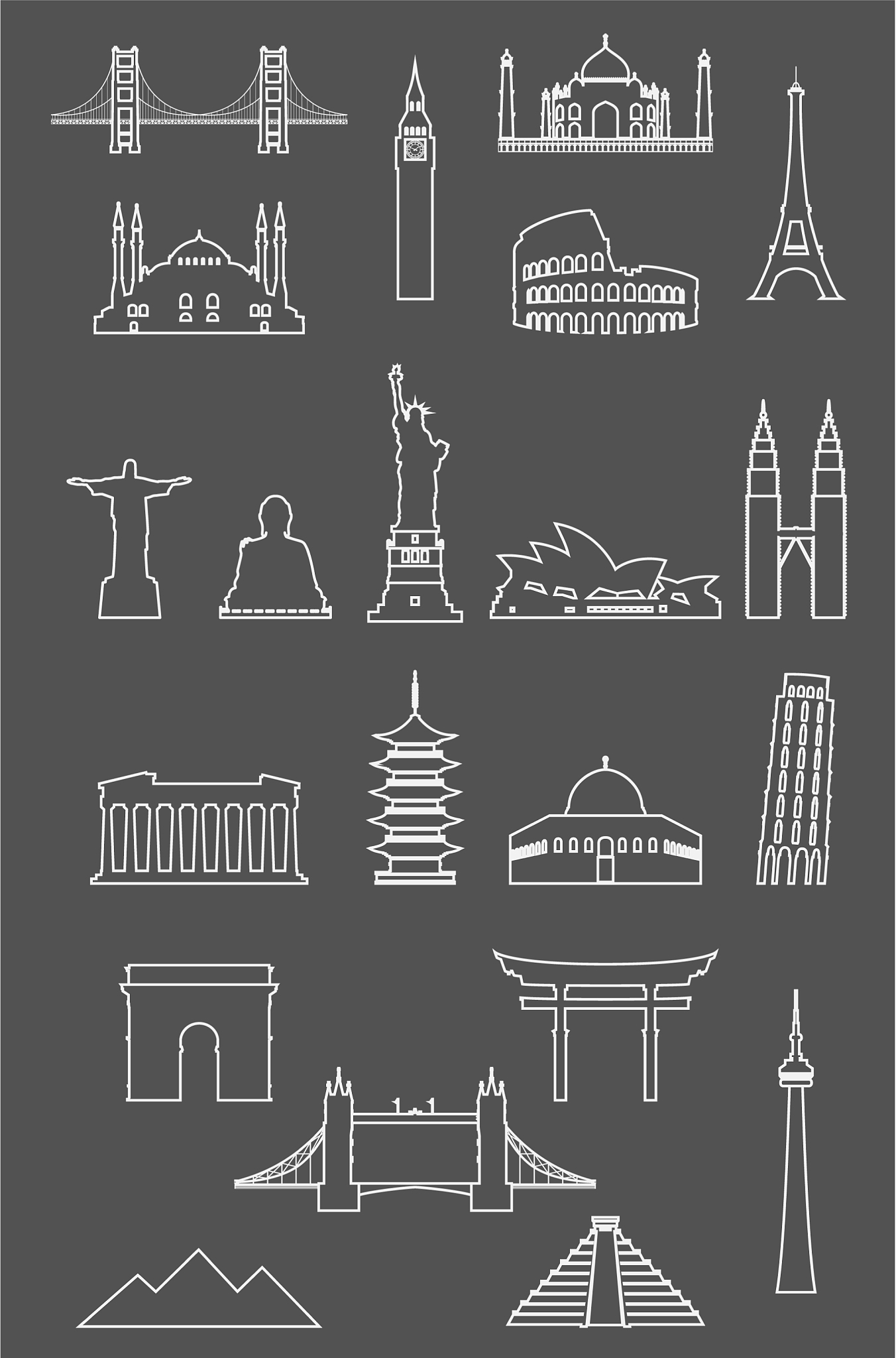 travel landmarks icon set with thin line style