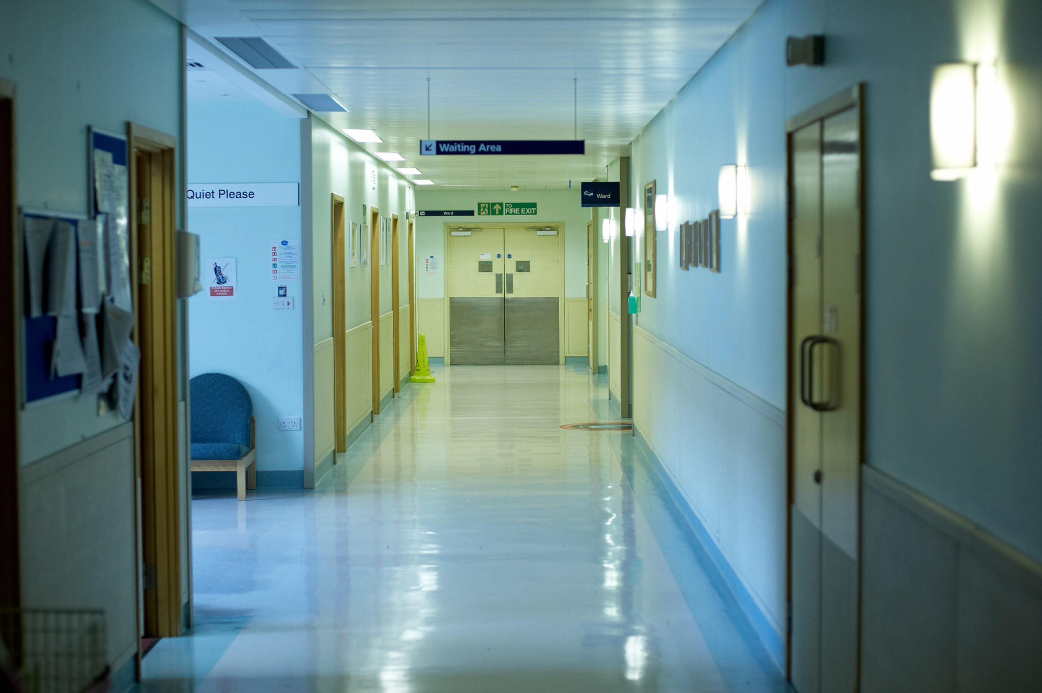 hospital corridor blue walls