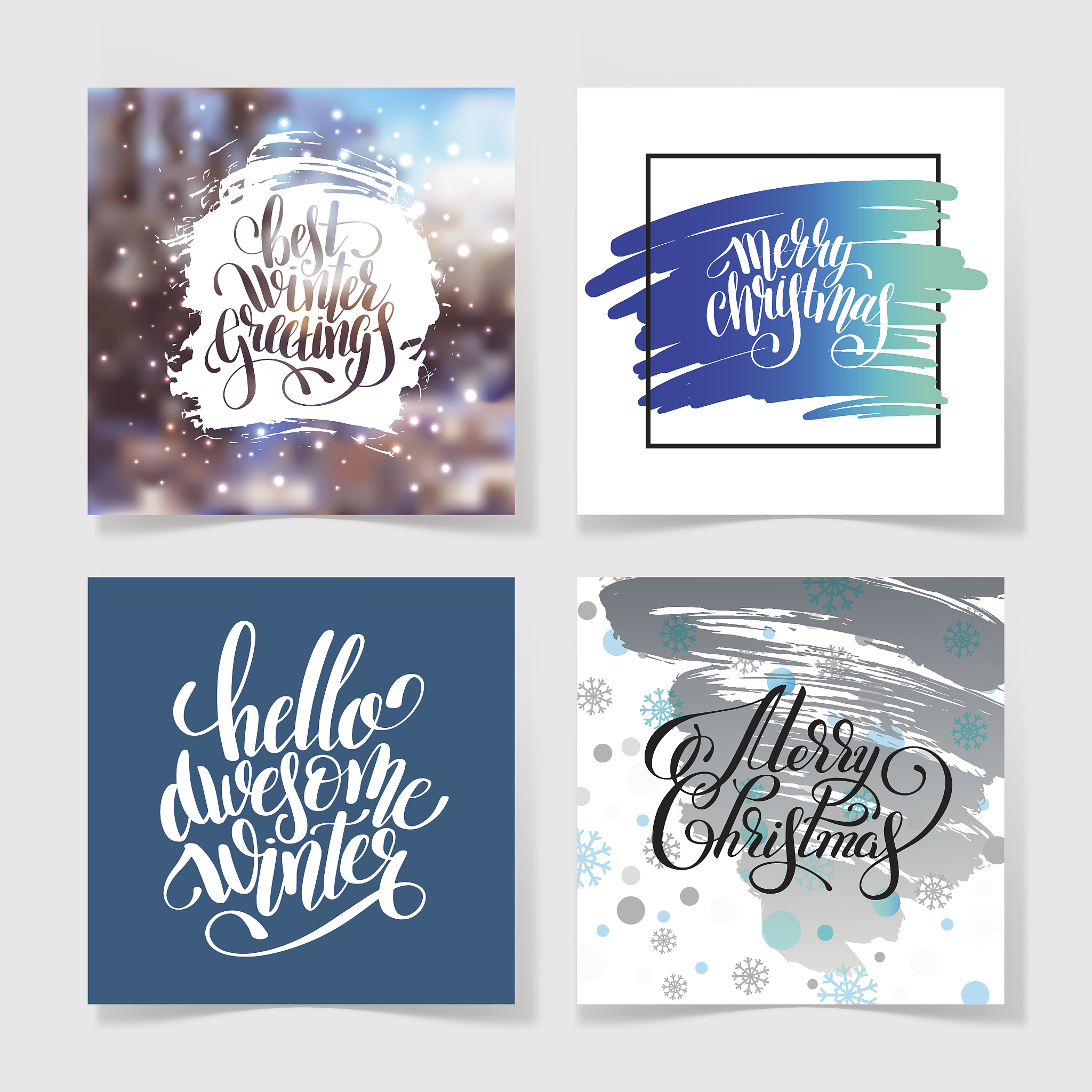 set of four merry christmas hand written calligraphy with snowfl