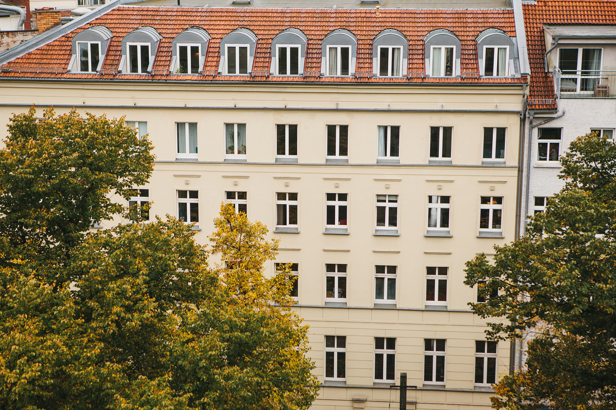 view from high point to the street with buildings with trees in 