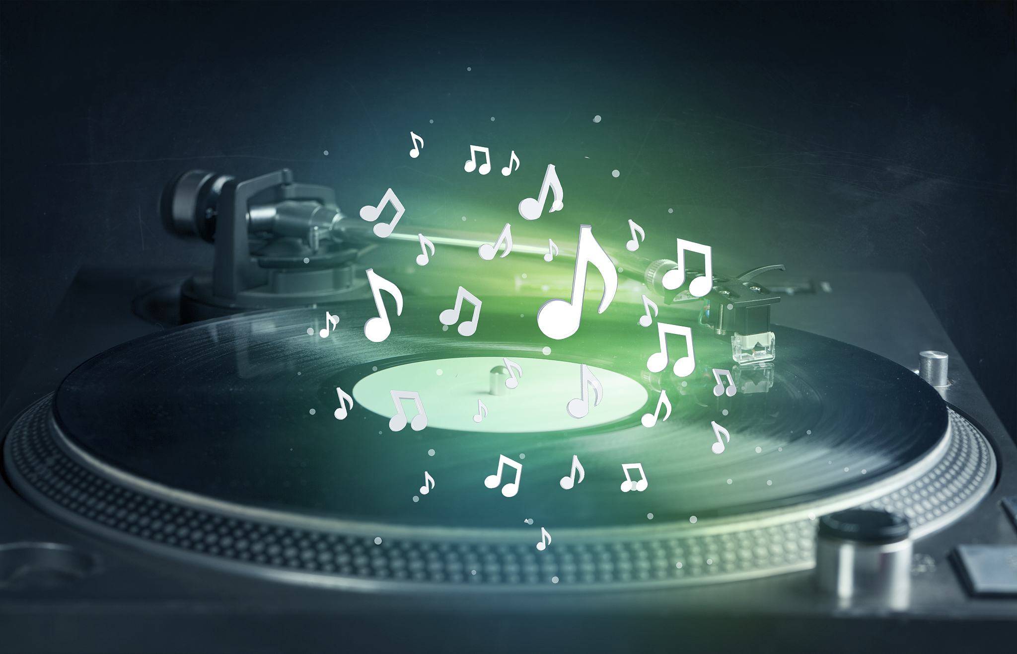turntable playing music with audio notes glowing