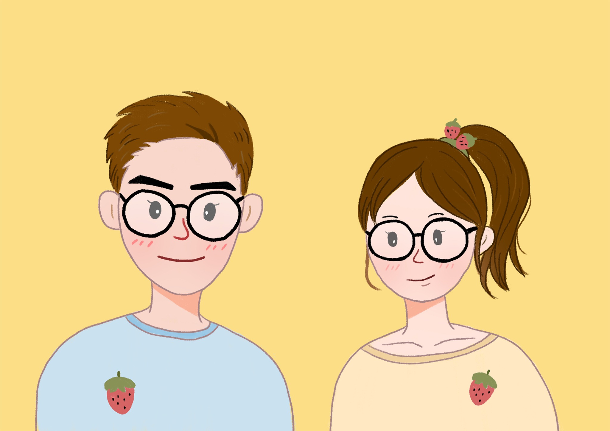 一个高端的动画师你有20年以上的绘画经验请帮我设计两个卡通图片一男一女适合当社交软件的情侣头像