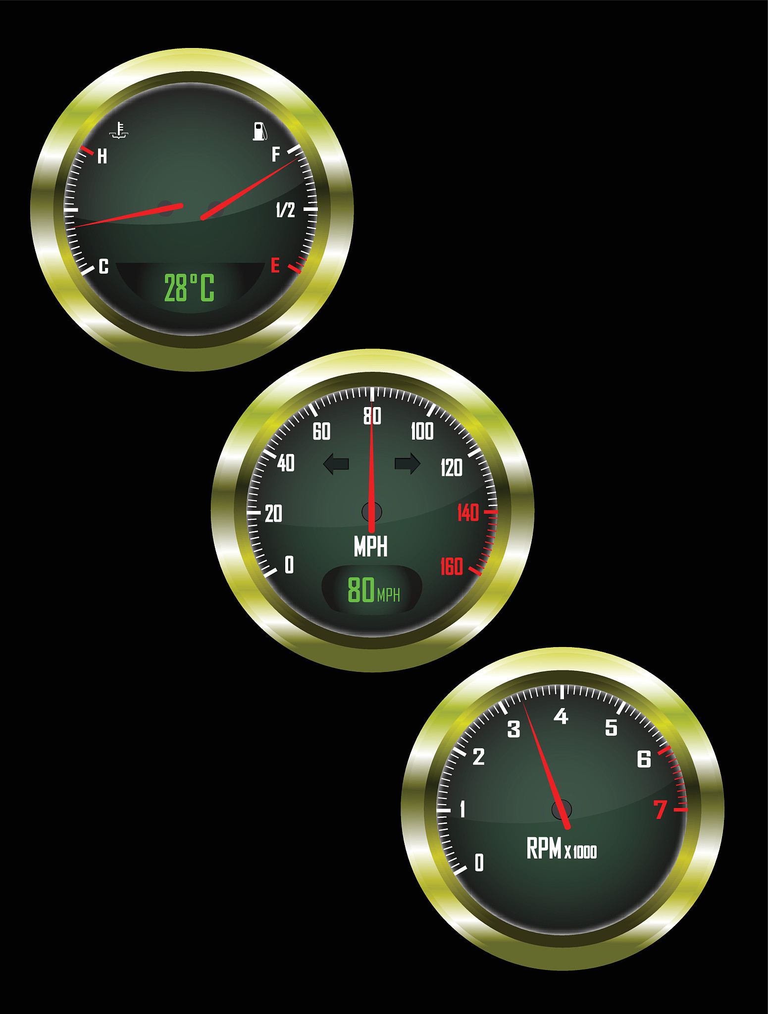a set of three car dials