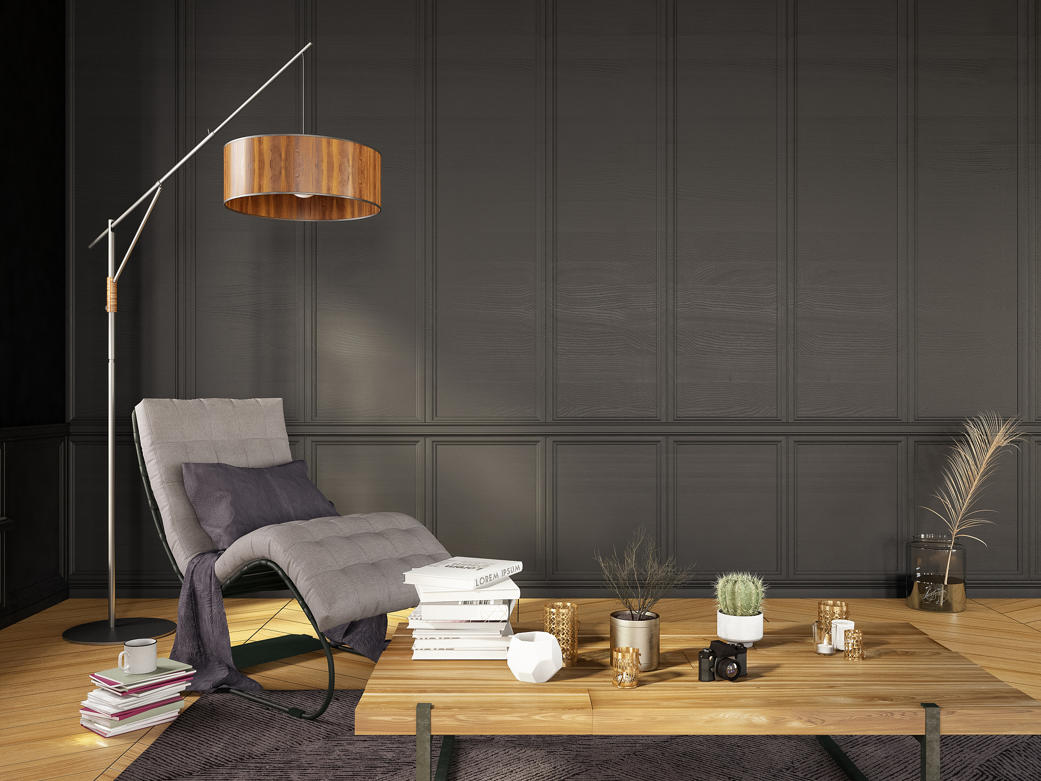 modern living room detail armchair with floor lamp and books