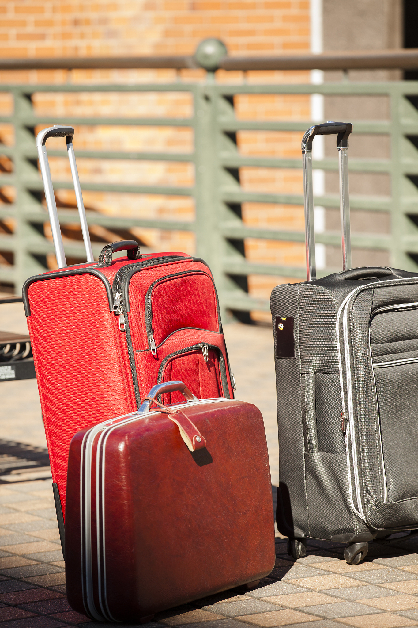 traveling in downtown city area with suitcases, luggage.